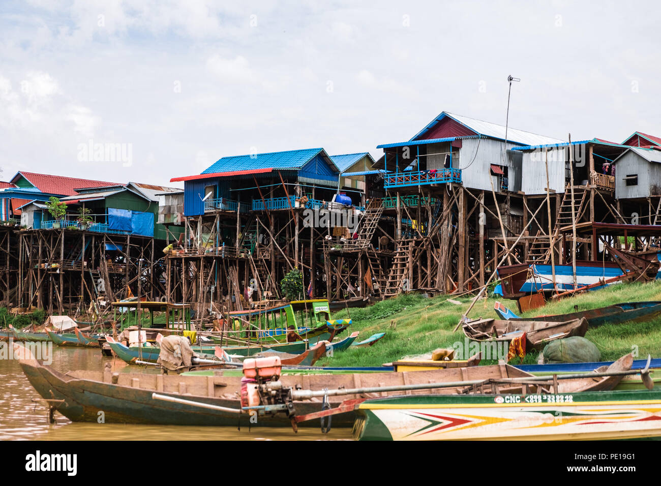 Kampong Phluk, one of Cambodia's 'floating villages' of Tonle Sap, during the dry season. Stock Photo