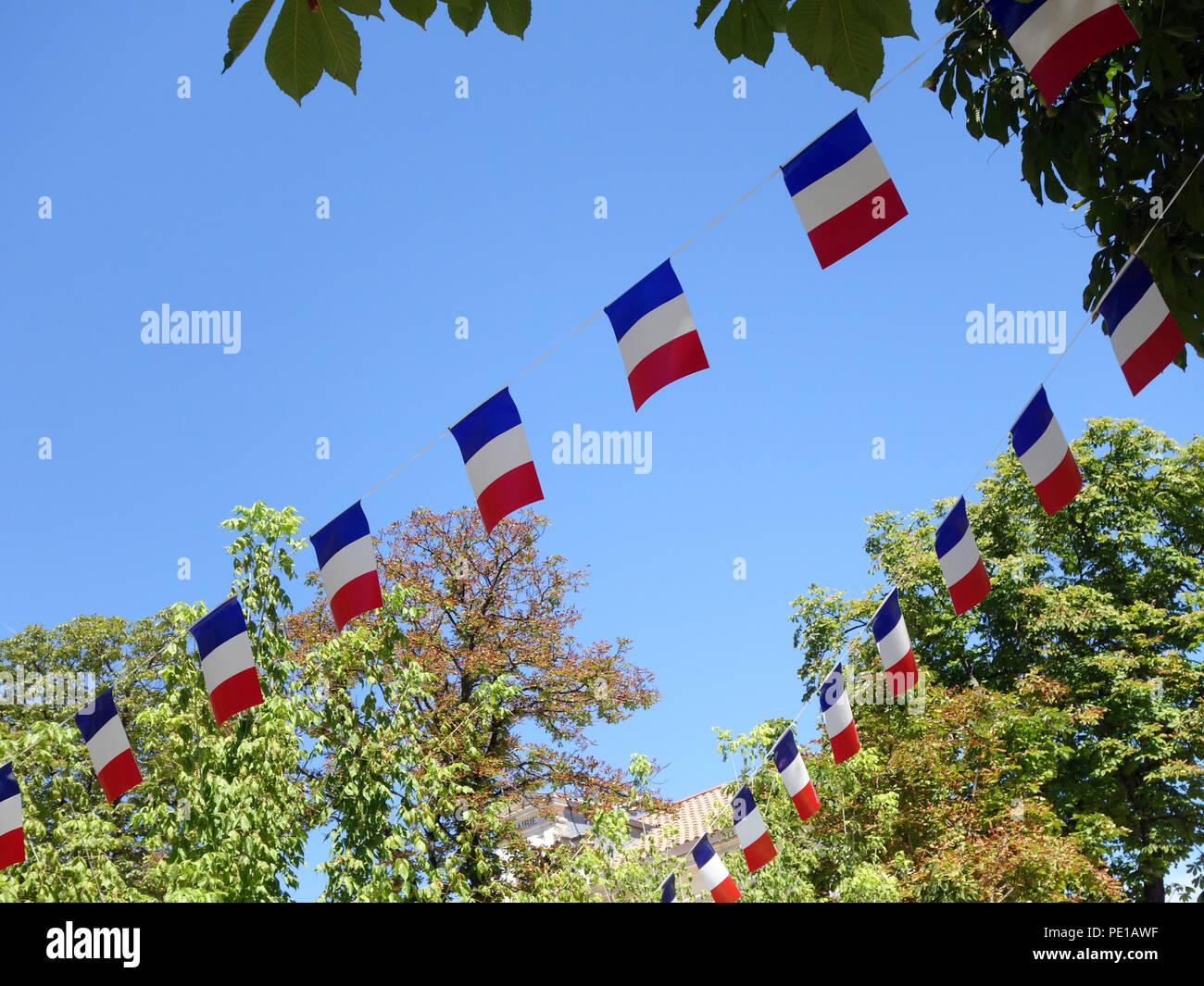 French String Flag Banners in rows floating in a summer blue sky in ...