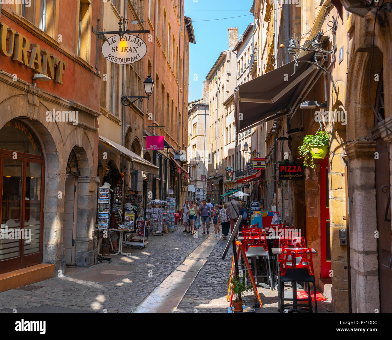 Lyon France, 2 August 2018: Vieux-Lyon old district pedestrian street view in Lyon France during summer with tourists Stock Photo