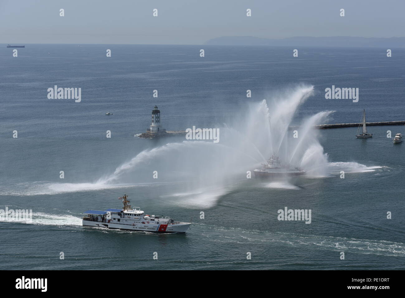 The Coast Guard Cutter Forrest Rednour, passes by the Angels Gate Light House in San Pedro, California, Aug. 11, 2018. Three additional Fast-Response Cutters are scheduled to arrive to California and be commissioned by summer of 2019. U.S. Coast Guard Petty Officer 3rd Class DaVonte' Marrow. Stock Photo
