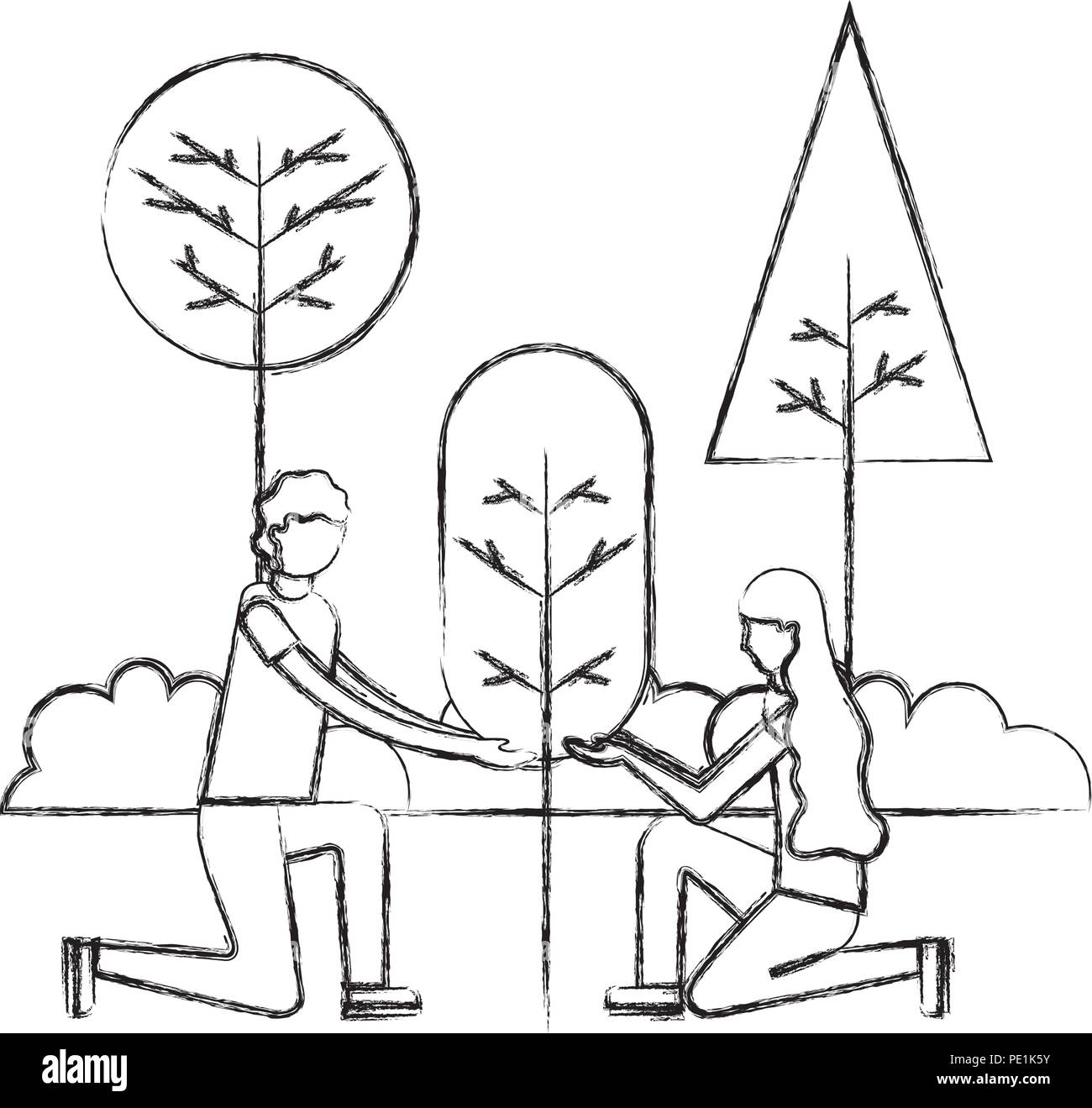 man and woman planting tree gardening vector illustration hand drawing ...
