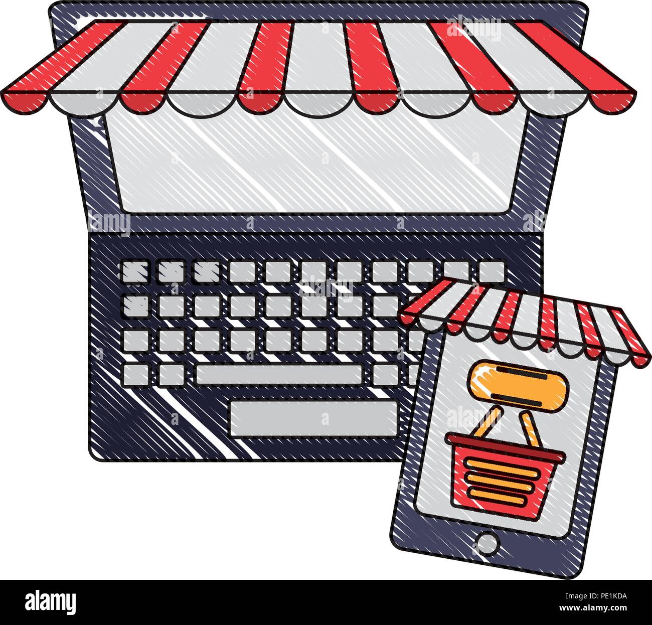 computer and cellphone shopping basket click buy online vector ...