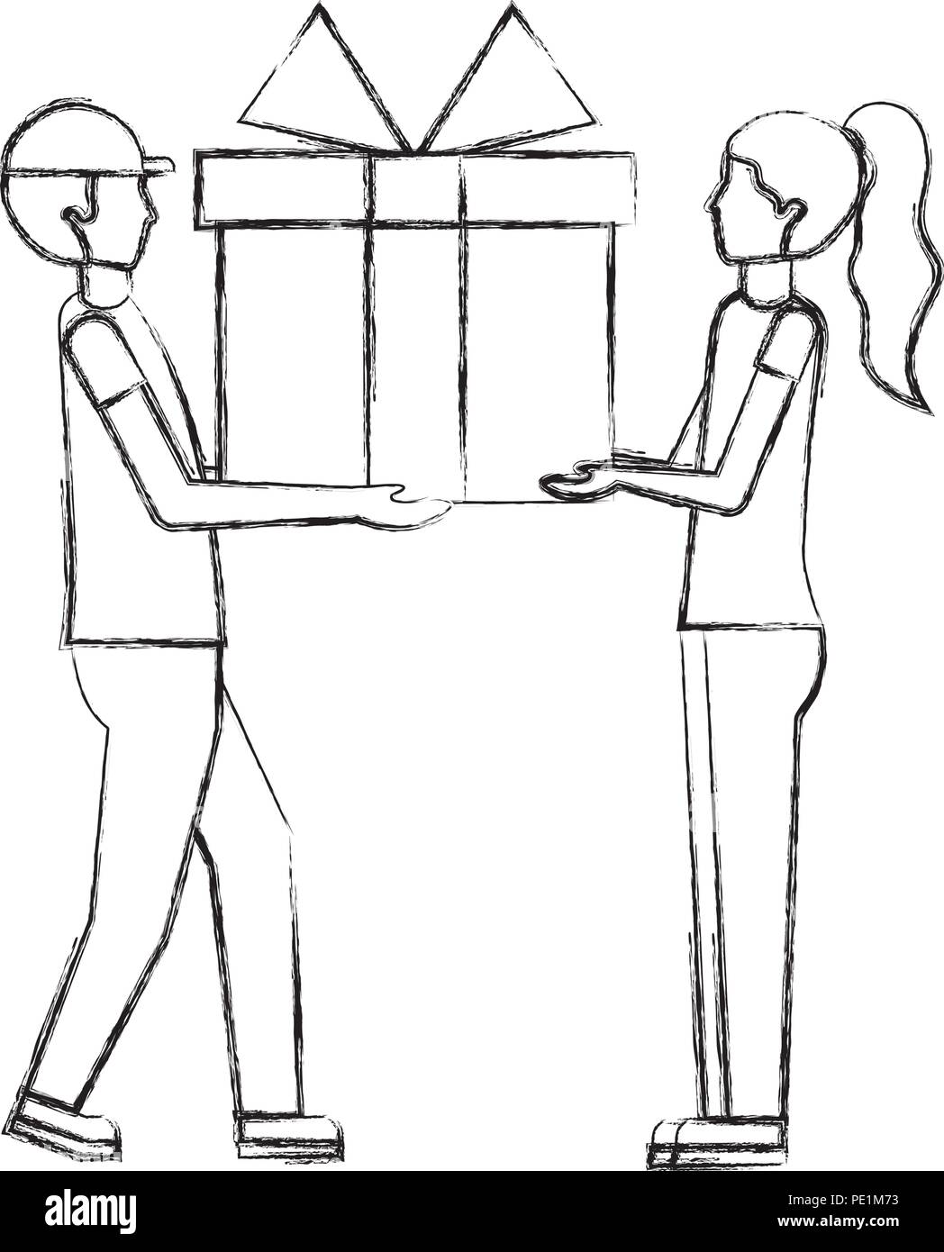 man and woman holding big gift box vector illustration hand drawing