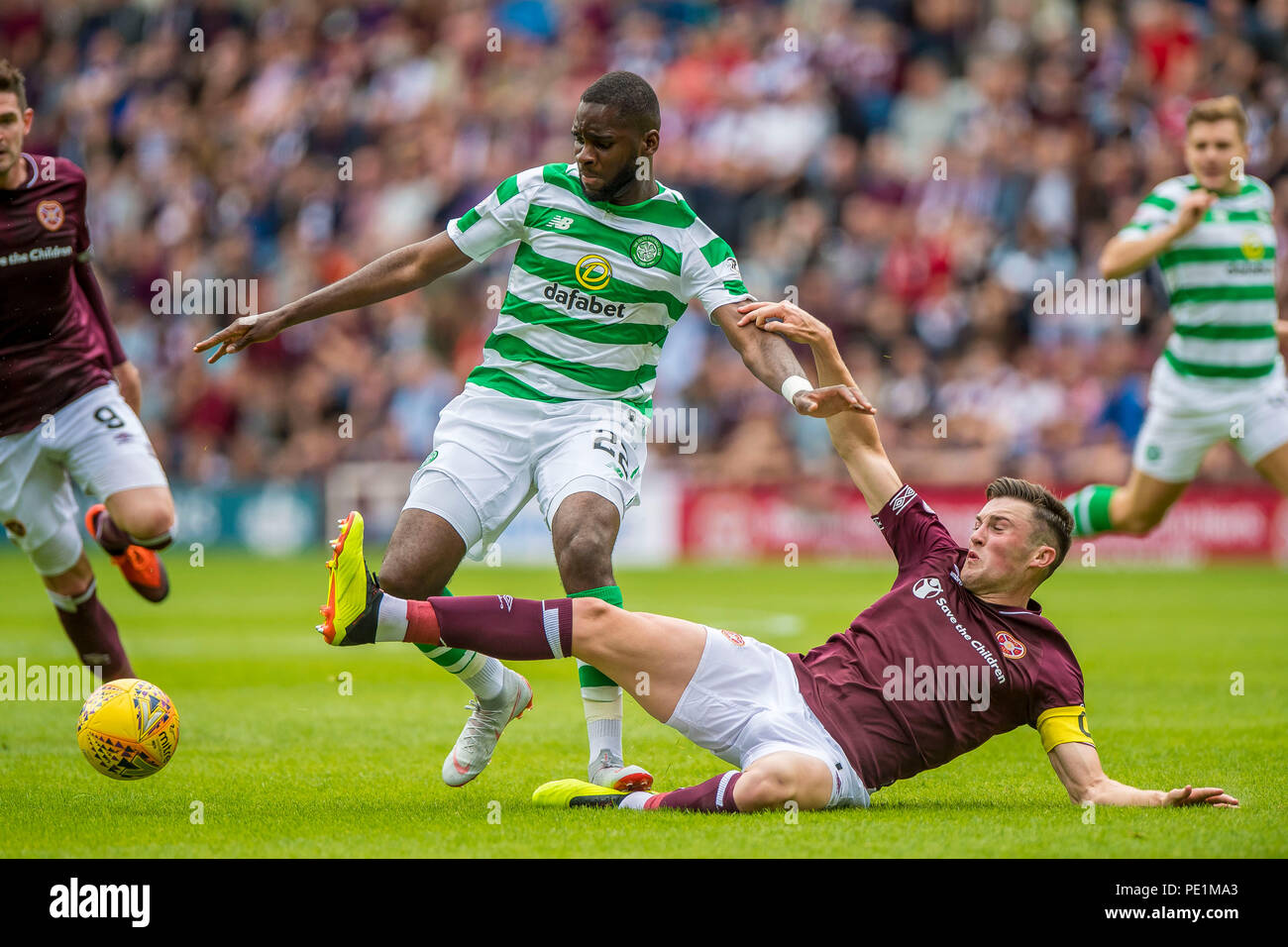 Celtic's Odsonne Edouard and Hearts' John Souttar compete for the ball during the Ladbrokes Scottish Premiership match at Tynecastle Stadium, Edinburgh. Stock Photo