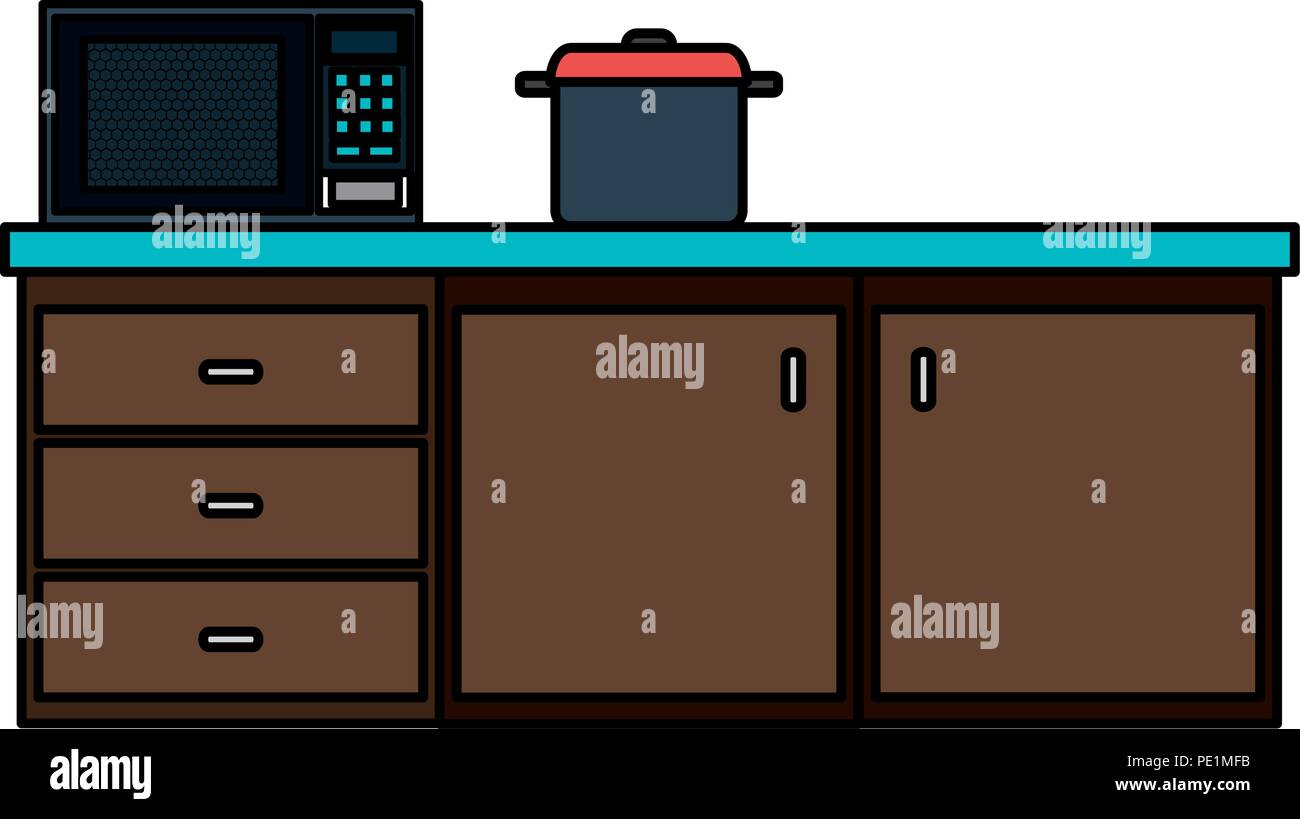 Kitchen Drawer With Microwave Oven And Pot Vector Illustration