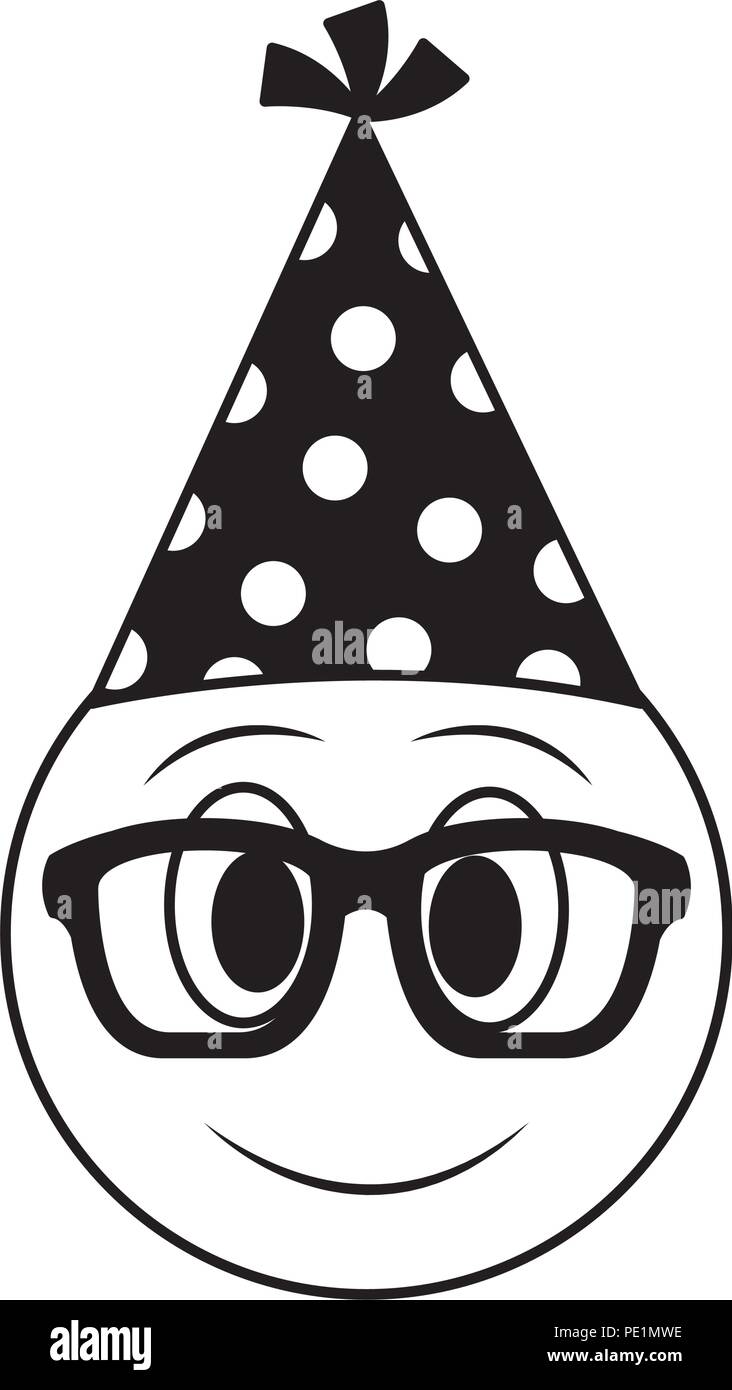 birthday face emoji with glasses party hat black and white Stock Vector