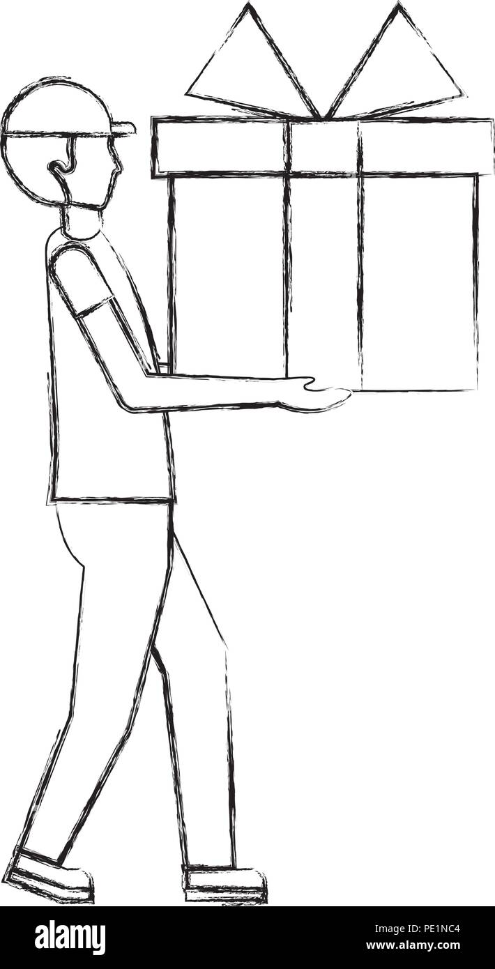 Man Character Holding Big Gift Box Hand Drawing Design Stock Vector Image Art Alamy