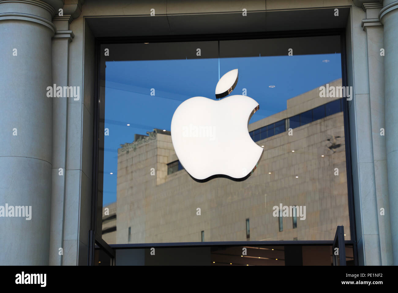 BARCELONA, SPAIN - JULY 12, 2018: Apple signboard at Plaza Catalunya square in Barcelona, Spain Stock Photo