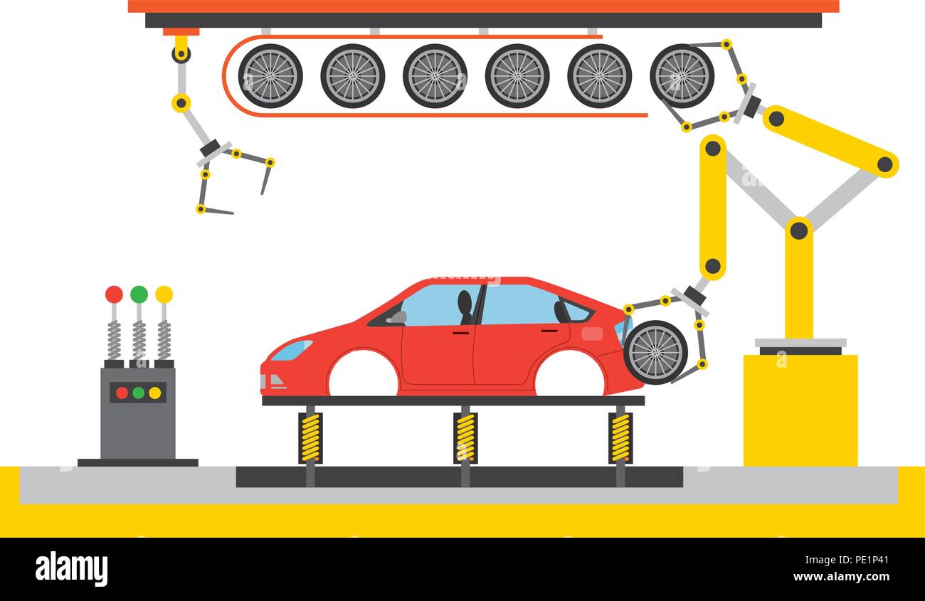 car production plant process step tires assembly Stock Vector Image