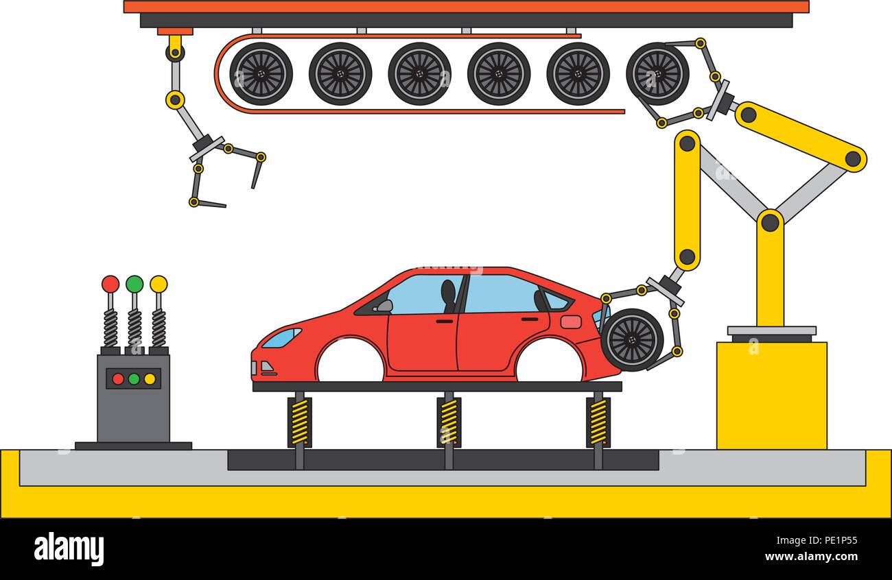 car production plant process step tires assembly Stock Vector Image