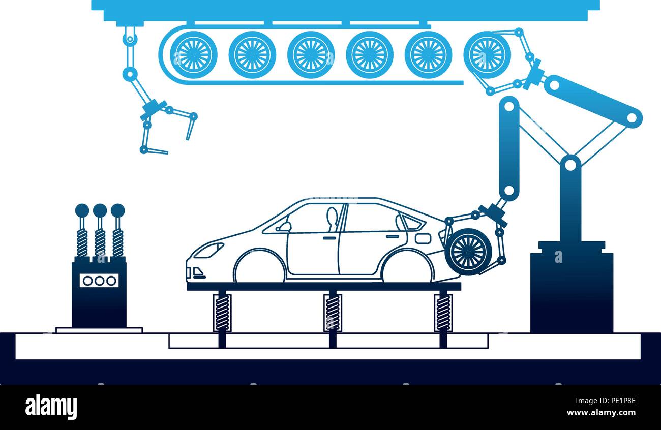 car production plant process step tires assembly Stock Vector Image