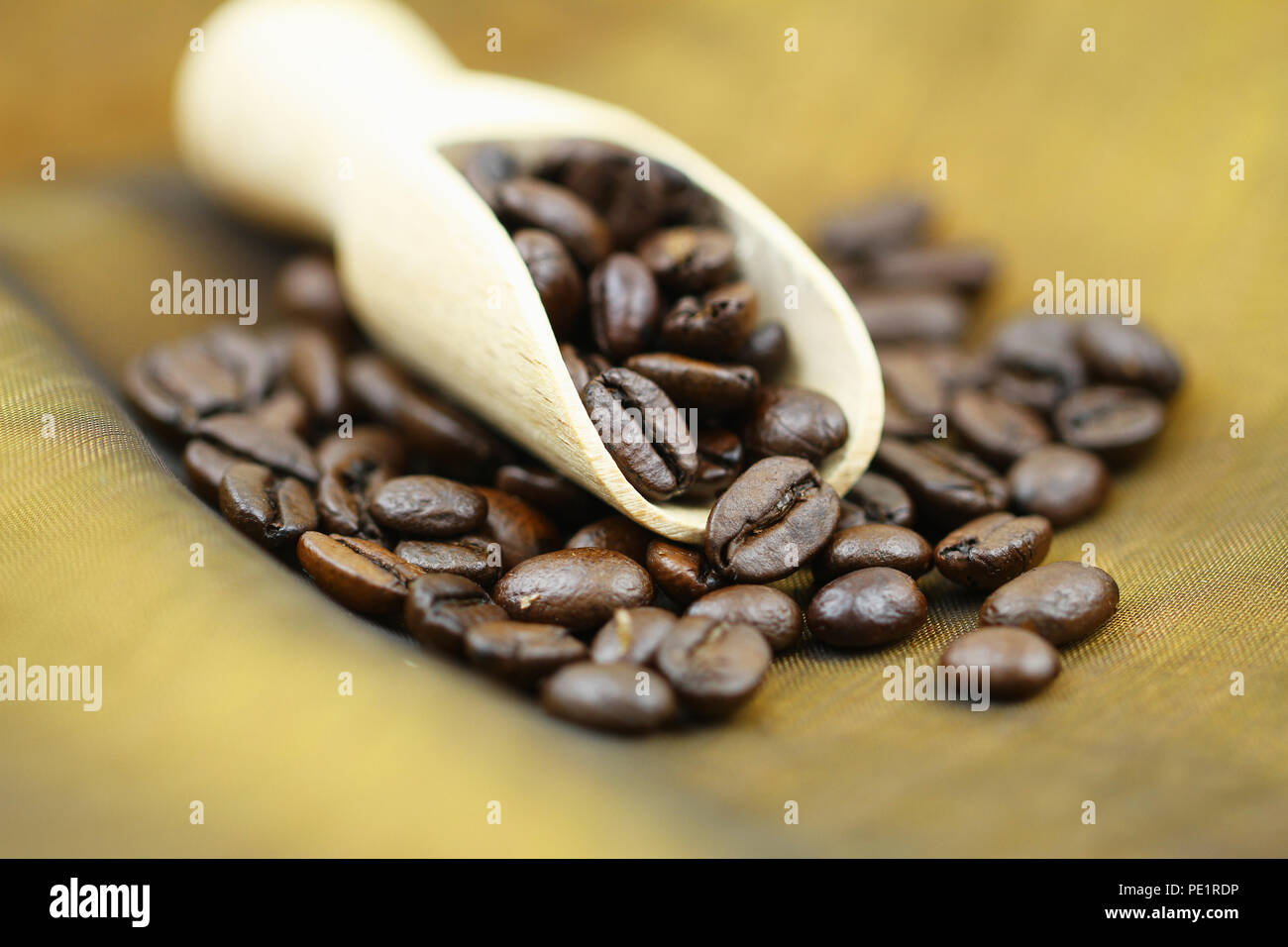 Roasted coffee beans on wooden scoop, shallow DOF Stock Photo
