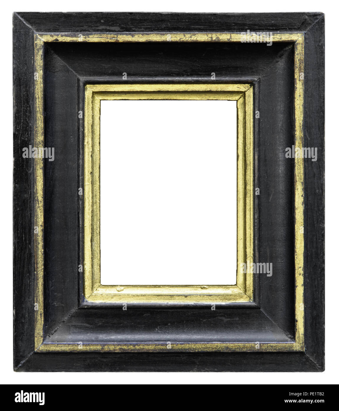 Eleganter und schicker Bilderrahmen in schwarz, mit Goldrand, im Hochformat, aus dem Biedermeier Stock Photo