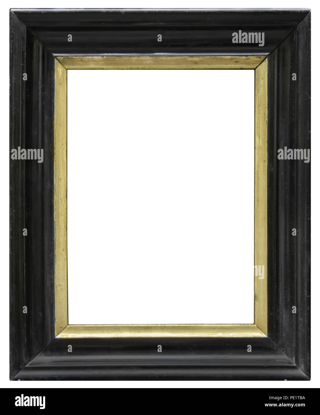 Eleganter und schicker Bilderrahmen in schwarz, mit Goldrand, im Hochformat, aus dem Biedermeier Stock Photo