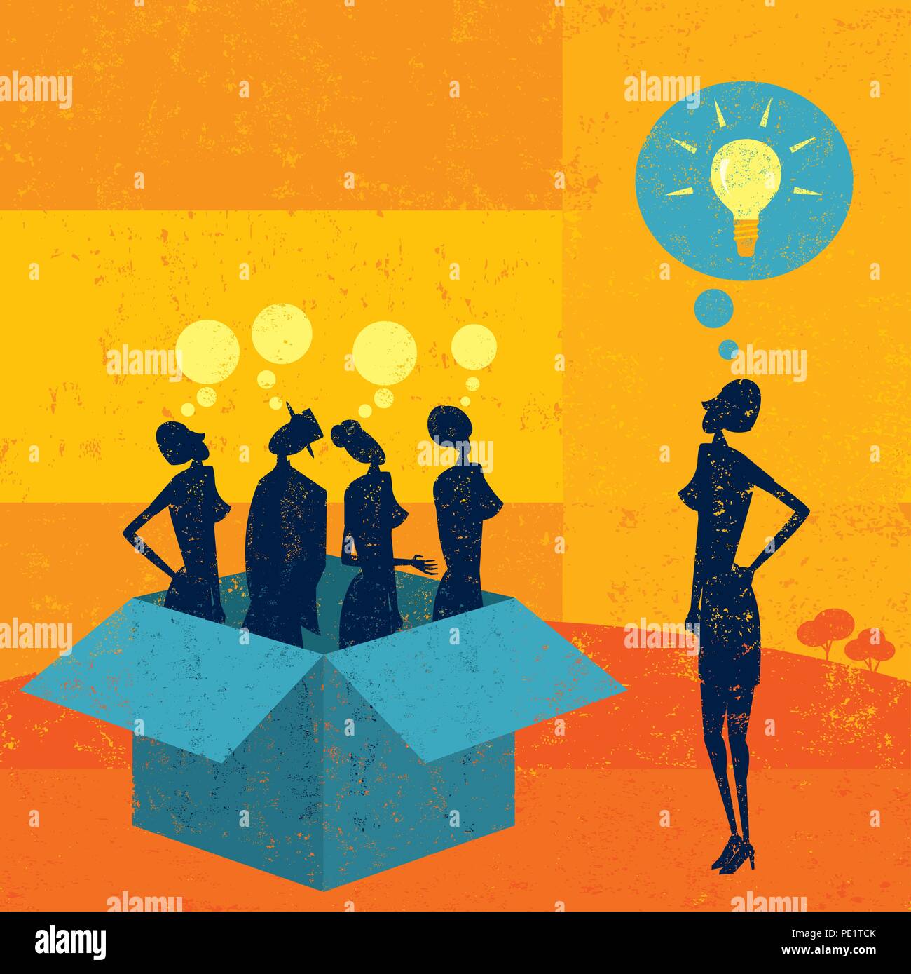Thinking outside the box. Business people thinking in the box and one independent thinker coming up with an idea outside of the box. Stock Vector