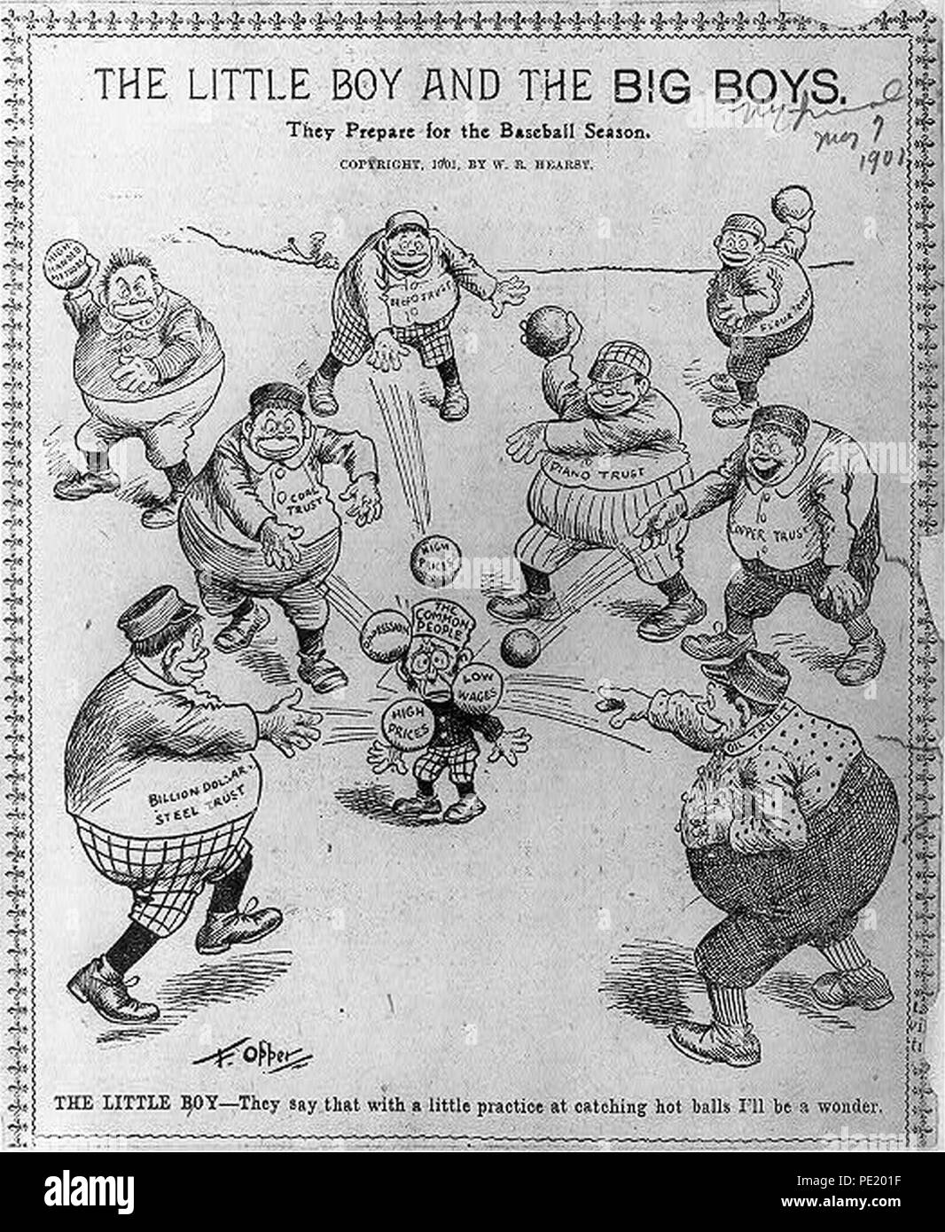 Anti-trust cartoons)- The little boy (Common People) and the big boys (Trusts) prepare for the baseball season Stock Photo