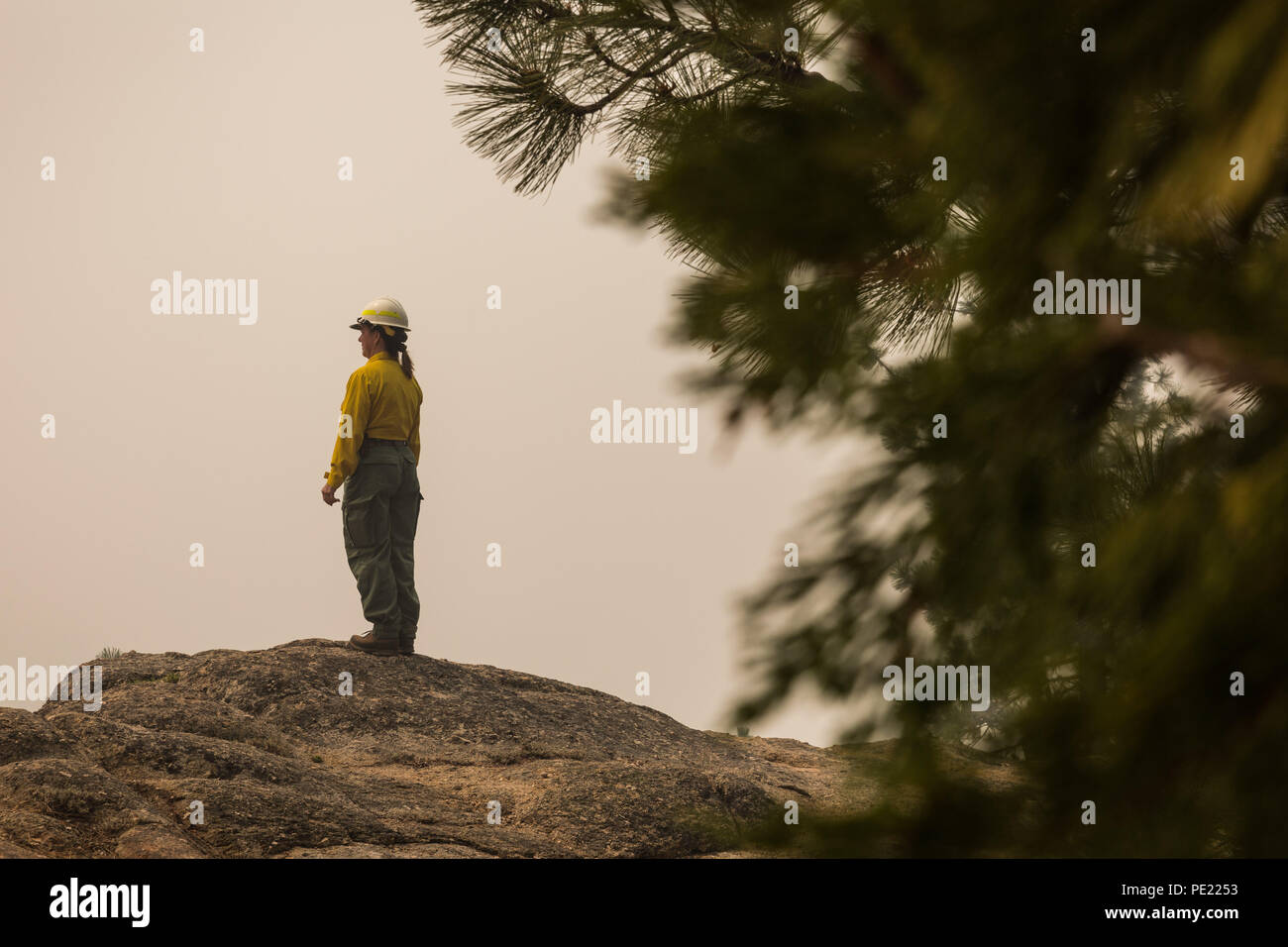 Dardanelle, California, USA. 10th Aug, 2018. Friday, August 10, 2018.United States Forest Service (USFS) employee, DIANE RENDANO-CROSS stands at a vista viewpoint along Highway 108 just to the east of Kennedy Meadows, near Sonora Pass, California. Normally seen from this vista are sweeping views of the Sierra Nevada mountains.Originally from New Jersey, Rendano-Cross currently lives near Ojai and is employed by the Los Padres National Forest. She was formerly married to a firefighter and the couple was a dual-career family while raising two daughters. A now-divorced empty-nester, Rendano- Stock Photo