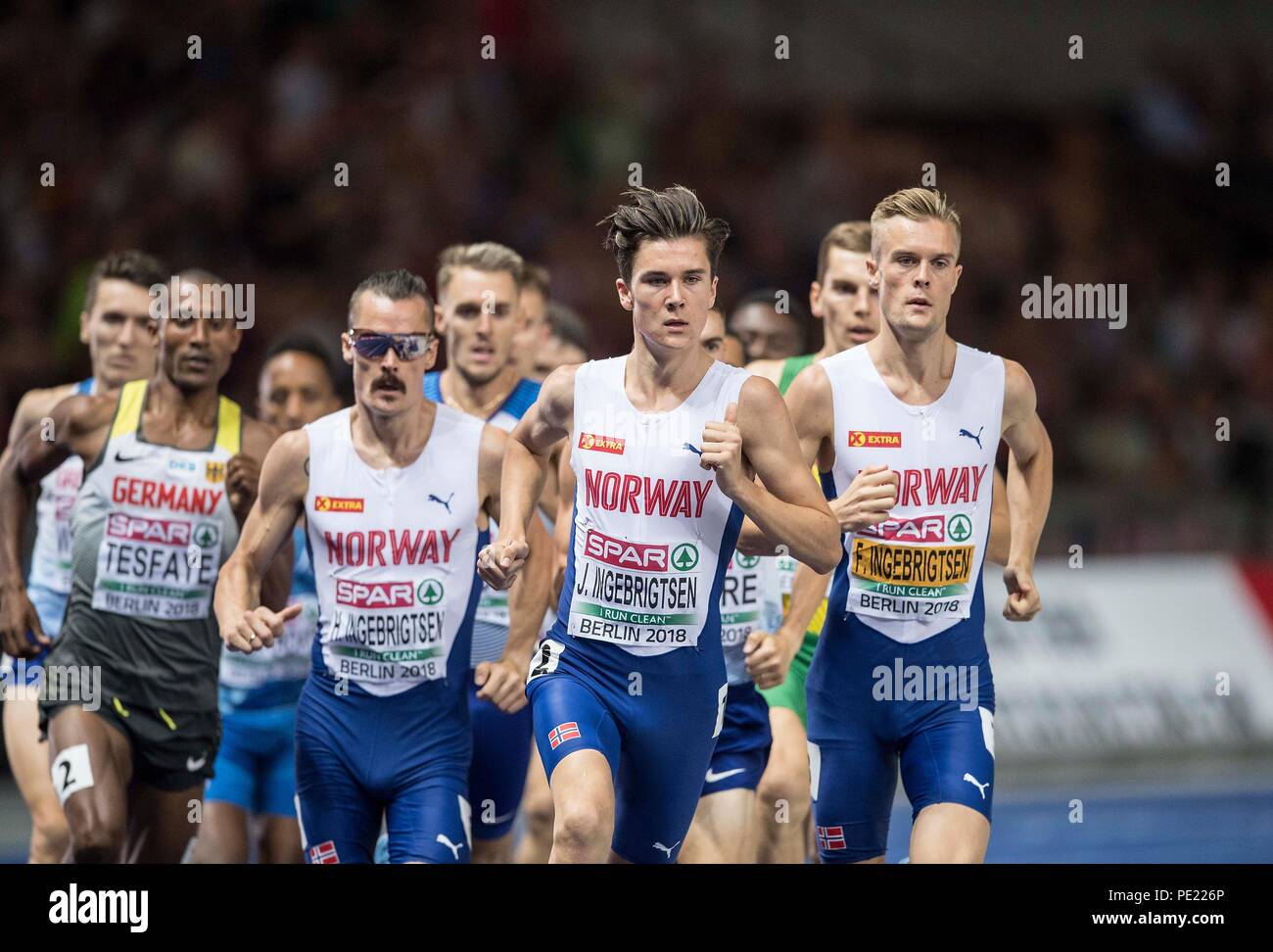 Berlin Deutschland 10th Aug 2018 Left To Right Homiyu Tesfaye Germany 13th Place Henrik Ingebrigtsen Nor 4th Place Winner Jakob Inbrigtsen Nor 1st Place Filip Inbrigtsen Nor 12th Place Action Final 1500m Of The Men On