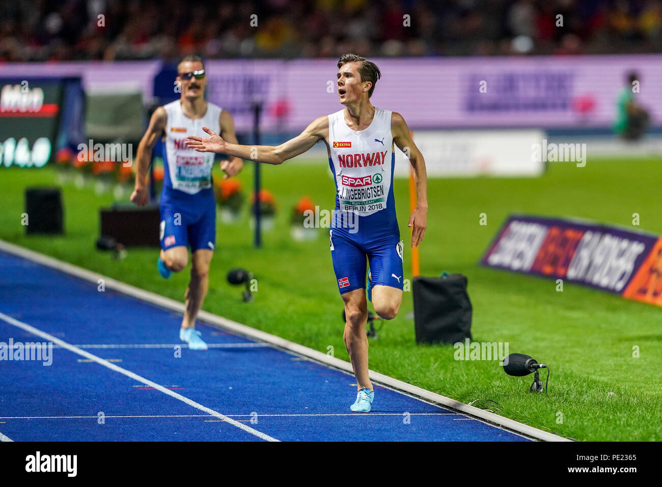 August 11, 2018: Jakob Ingebrigtsen of Â Norway winning the 5000 meter final for men at the Olympic Stadium in Berlin at the European Athletics Championship. Ulrik Pedersen/CSM Stock Photo