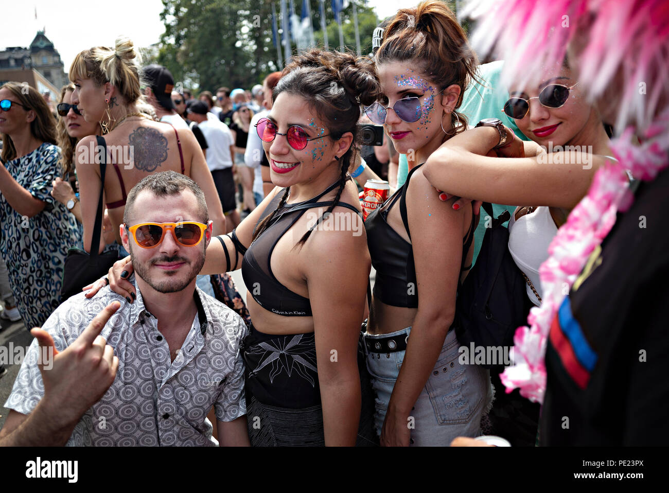Zurich, Switzerland. 11th Aug, 2018. People participate in the 27th Zurich Street Parade in central Zurich, Switzerland, Aug. 11, 2018. With this year's motto 'Culture of Tolerance', the annual dance music event Street Parade was held in Zurich on Saturday, attracting about one million participants. Credit: Michele Limina/Xinhua/Alamy Live News Stock Photo
