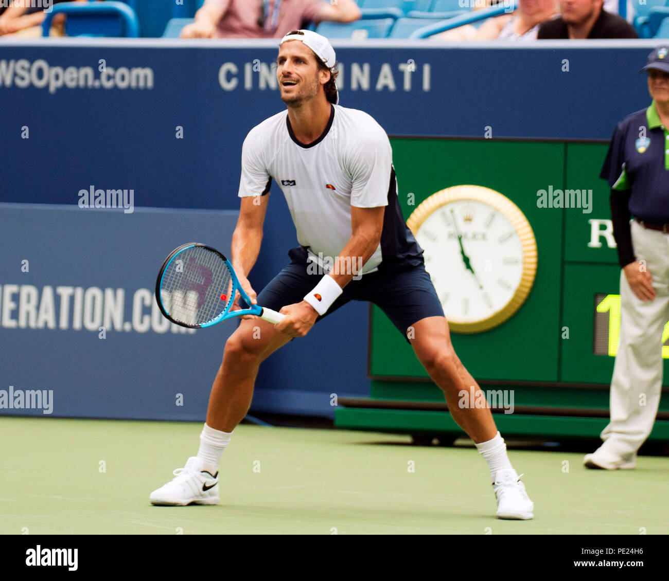 Ohio, USA. August 11, 2018: Feliciano Lopez ( ESP) readies himself against Marcos Baghdatis (CYP) at the Western Southern Open in Mason, Ohio, USA. Brent Clark/Alamy Live News Stock Photo