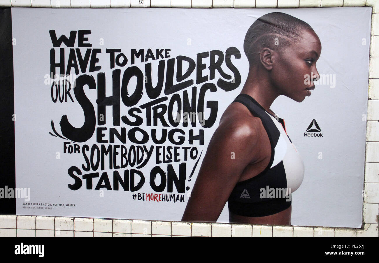 New York, USA. 11th August 2018. ***EDITORIAL USE ONLY*** Danai Gurira in  Reebok new ad Reebok Be More Human-Celebrating Powerful Women at West 4th  Street Subway Station in New York. August 11,