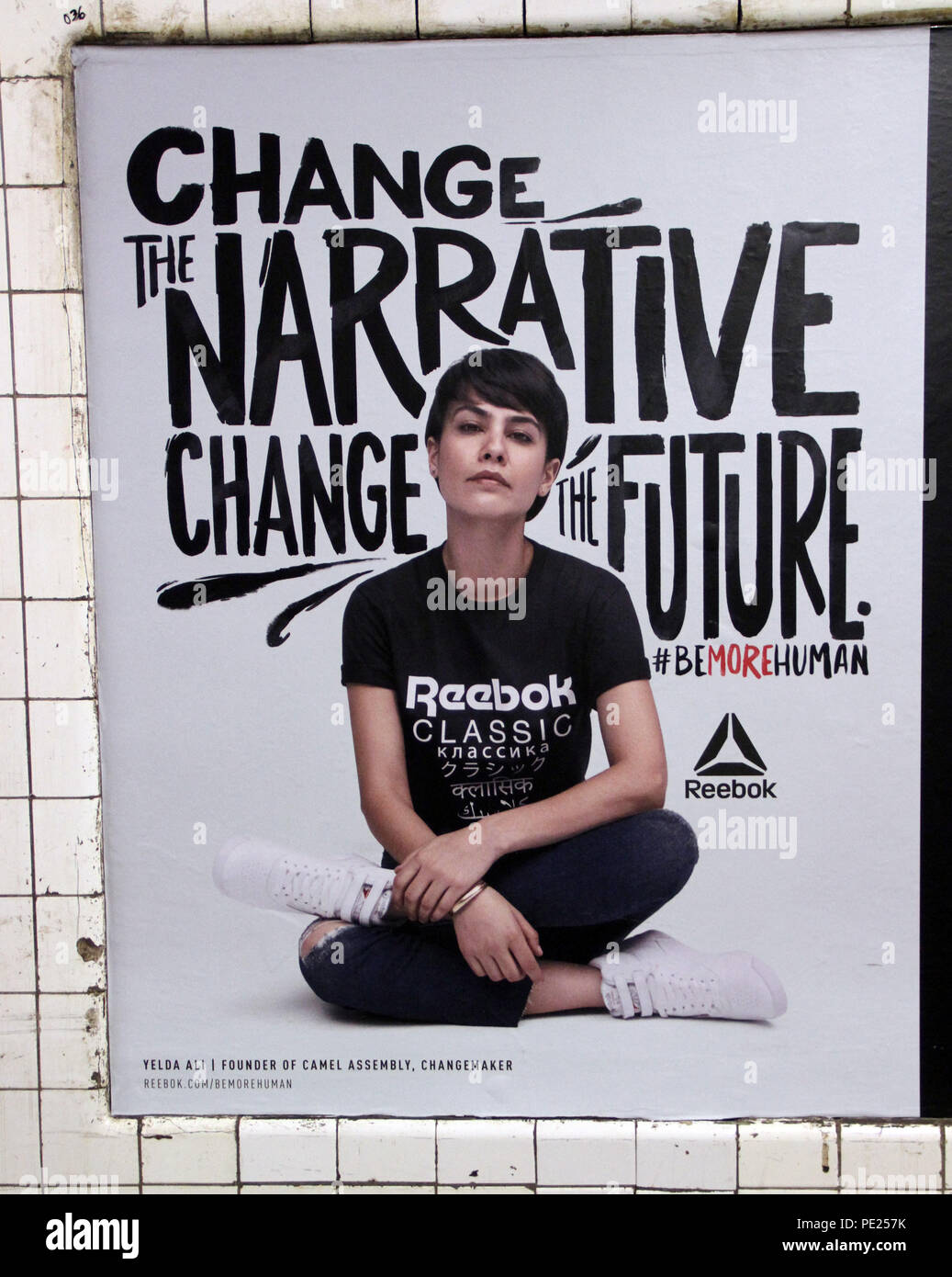 New York, USA. 11th August 2018. ***EDITORIAL USE ONLY*** Yelda Ali in  Reebok new ad Reebok Be More Human-Celebrating Powerful Women at West 4th  Street Subway Station in New York. August 11,