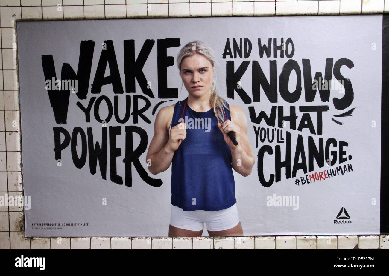 New York, USA. 11th August 2018. ***EDITORIAL USE ONLY*** Katrin  Davidsdottir in Reebok new ad Reebok Be More Human-Celebrating Powerful  Women at West 4th Street Subway Station in New York. August 11,