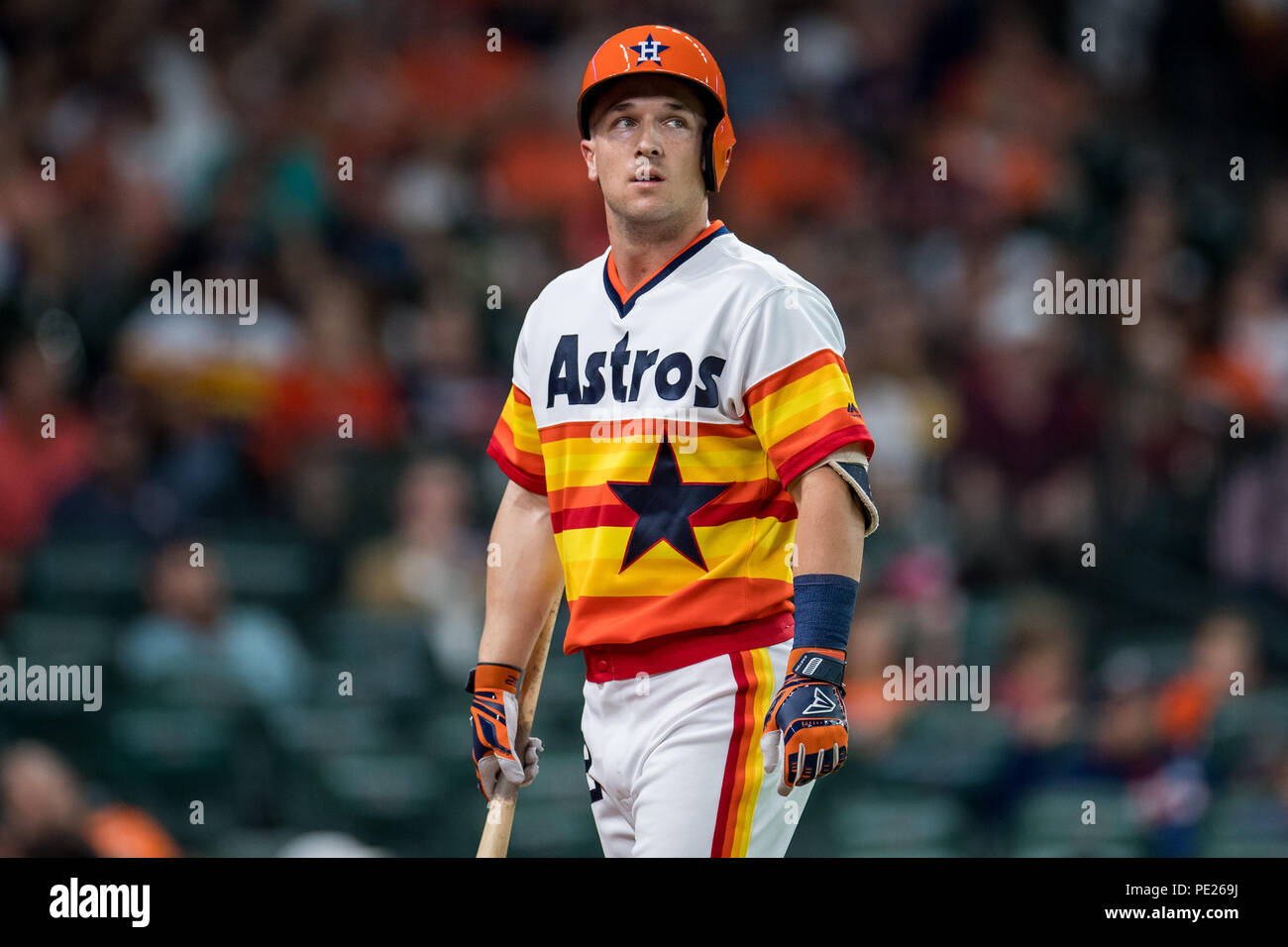 August 10, 2018: Houston Astros third baseman Alex Bregman (2) waits to bat  during a Major League Baseball game between the Houston Astros and the  Seattle Mariners on 1970s night at Minute