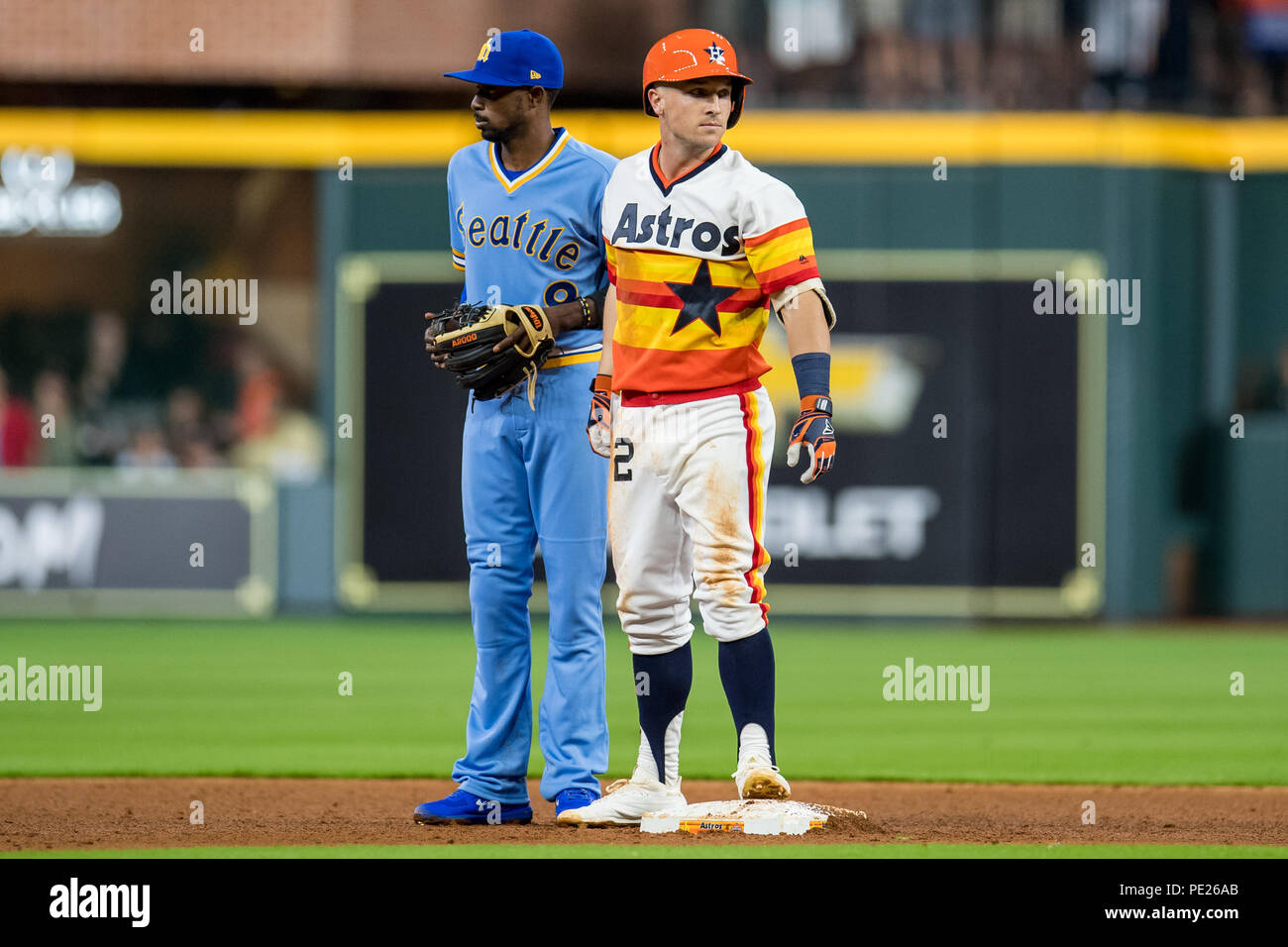August 10, 2018: Seattle Mariners second baseman Dee Gordon (9) during a  Major League Baseball game between the Houston Astros and the Seattle  Mariners on 1970s night at Minute Maid Park in