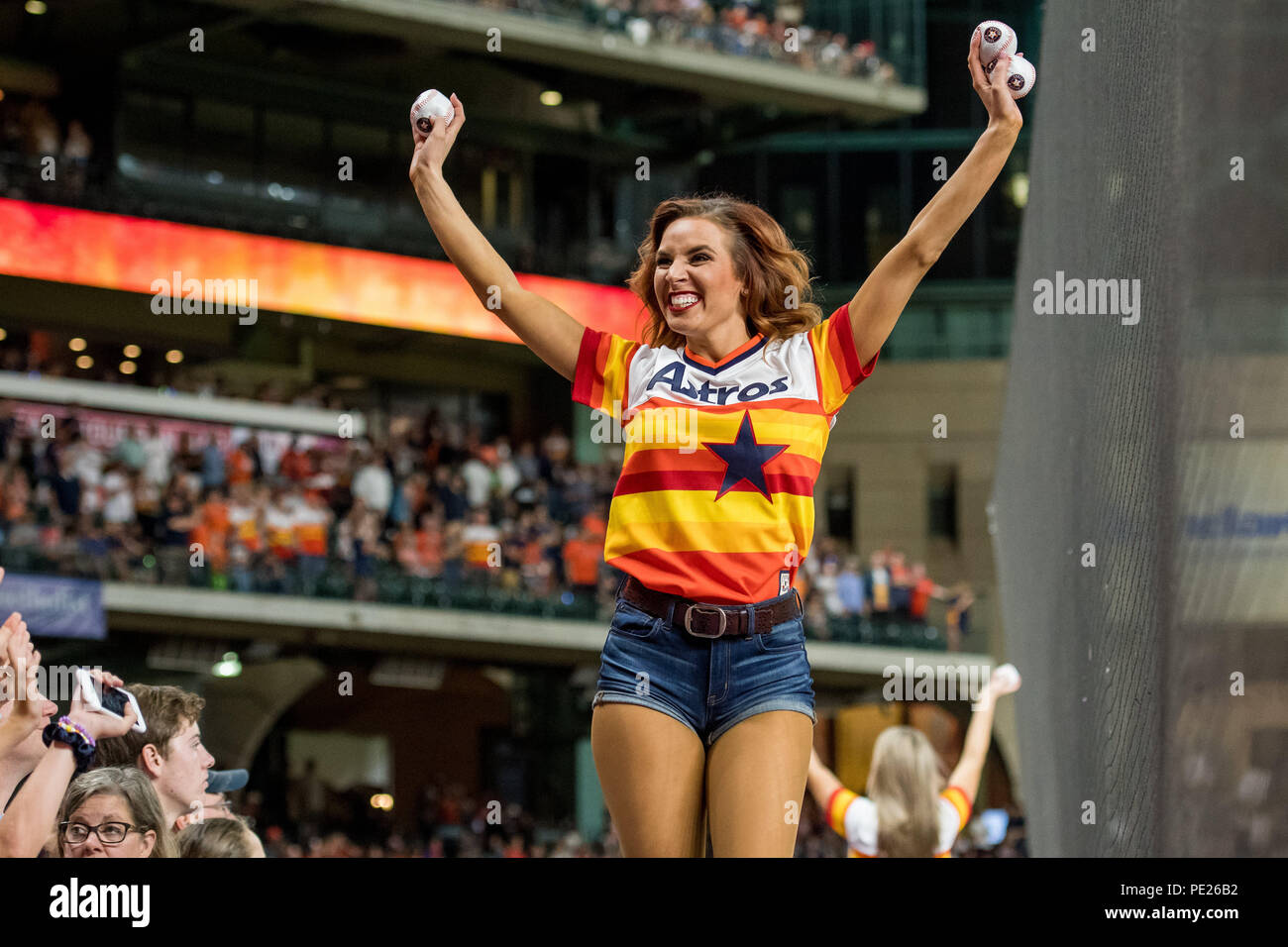 August 12, 2018: A Houston Astros Shooting Star stands at attention during  the singing of God Bless America during the Major League Baseball game  between the Seattle Mariners and the Houston Astros