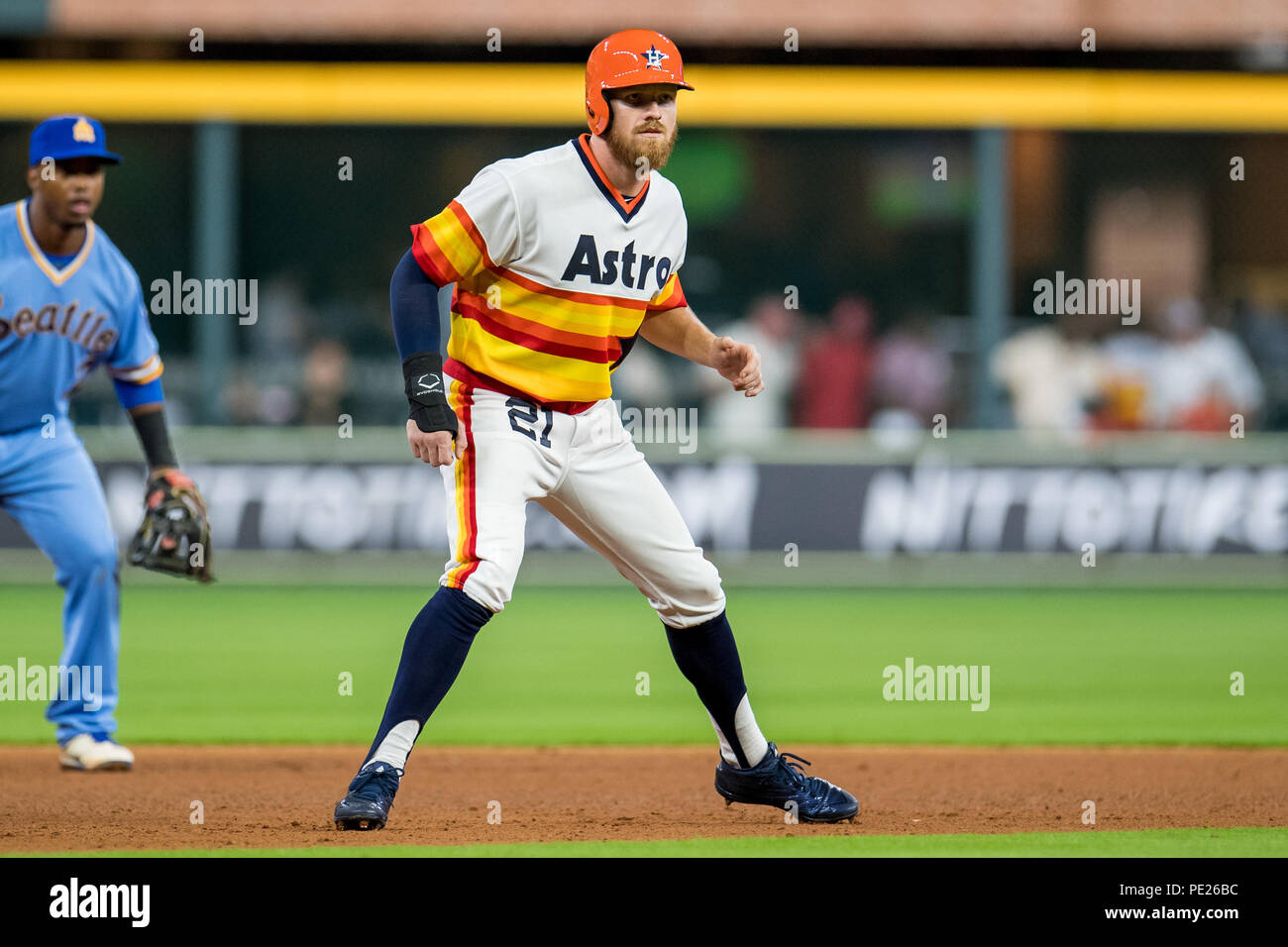 August 10, 2018: Houston Astros pinch runner Derek Fisher (21) takes a  leadoff during a Major League Baseball game between the Houston Astros and  the Seattle Mariners on 1970s night at Minute