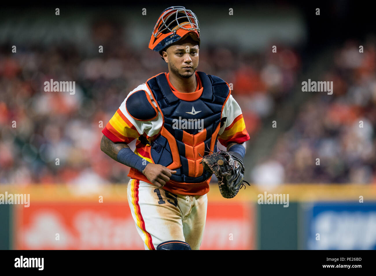 Houston, Texas, USA. 29th July, 2018. Houston Astros catcher Martin  Maldonado (15) prepares for a pitch during the eighth inning of the Major  League Baseball game between the Texas Rangers and the