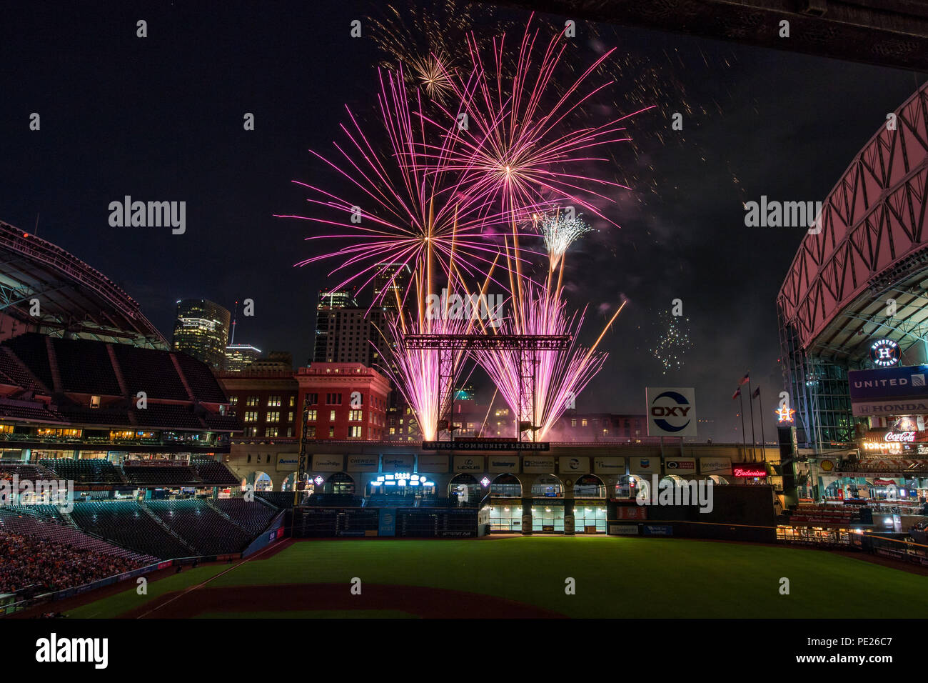 August 10, 2018: The Friday Night Fireworks show can be seen at Minute Maid  Park after a Major League Baseball game between the Houston Astros and the  Seattle Mariners on 1970s night
