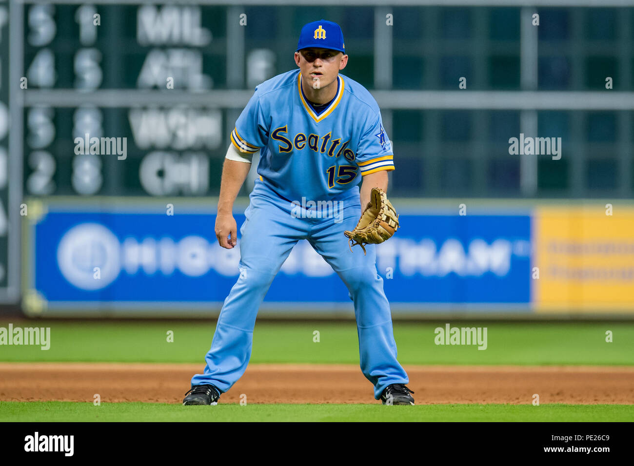 August 10, 2018: Seattle Mariners third baseman Kyle Seager (15) during a  Major League Baseball game between the Houston Astros and the Seattle  Mariners on 1970s night at Minute Maid Park in