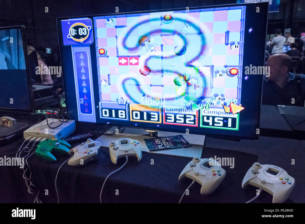 London, UK.  12 August 2018. Controllers for the Sega Dreamcast at retro games festival PLAY Expo held in London for the first time at Printworks, Canada Water. Game enthusiasts visited to rediscover the classics, from Donkey Kong, Pong, Super Mario Bros. and Space Invaders to vintage pinball machines, VR, indie games and a dedicated Minecraft zone. The show also included a sneak preview of new retro gaming streaming service, Antstream.  Credit: Stephen Chung / Alamy Live News Stock Photo