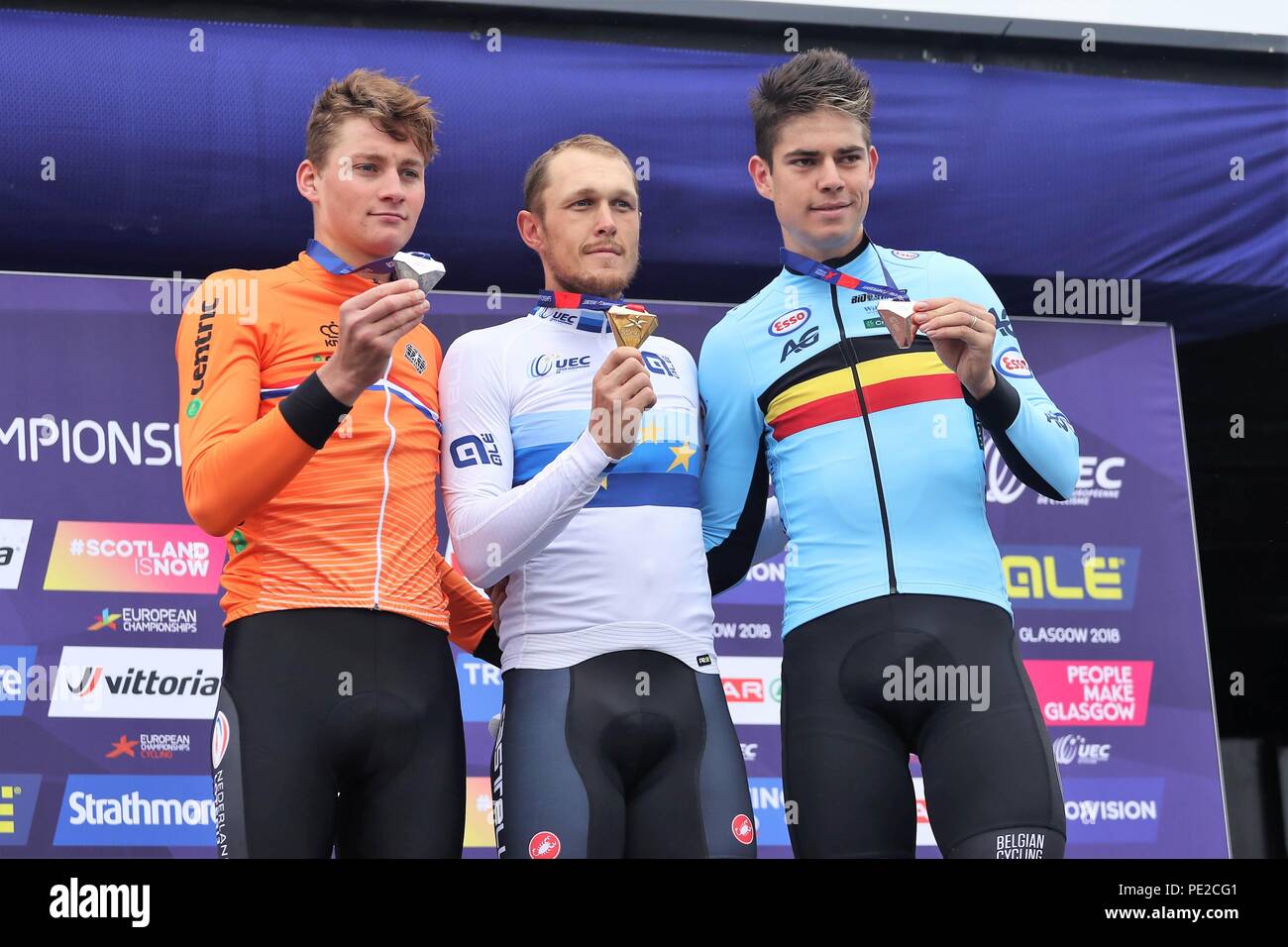 Scotland, UK. 12th August 2018. Mathieu Van der Poel (Netherlands),Matteo  Trentin (Italy) and Wout Van Aert (Belgium) during the Road Cycling  European Championships Glasgow 2018, in Glasgow City Centre and  metropolitan areas
