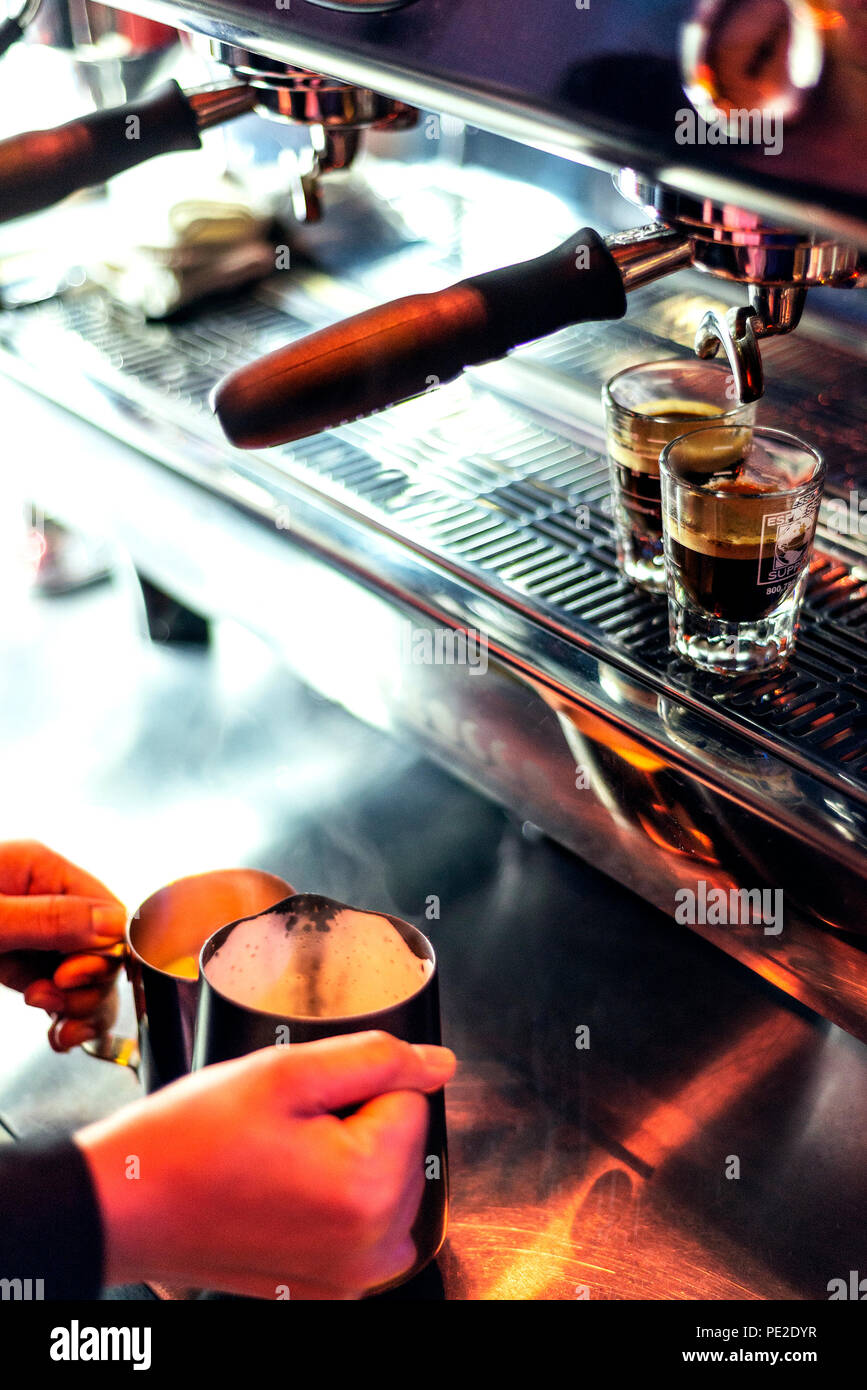 making espresso coffee close up detail with modern cafe machine Stock ...