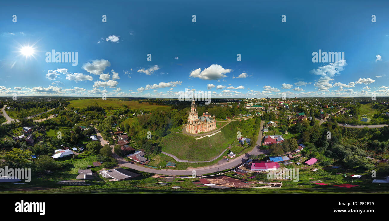 Mozhaisk Kremlin, Novo-Nikolsky Cathedral. Russia. Full panorama 360. Aerial Stock Photo