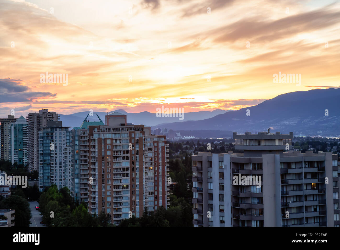 Aerial view of the residential buildings in Metrotown during a vibrant