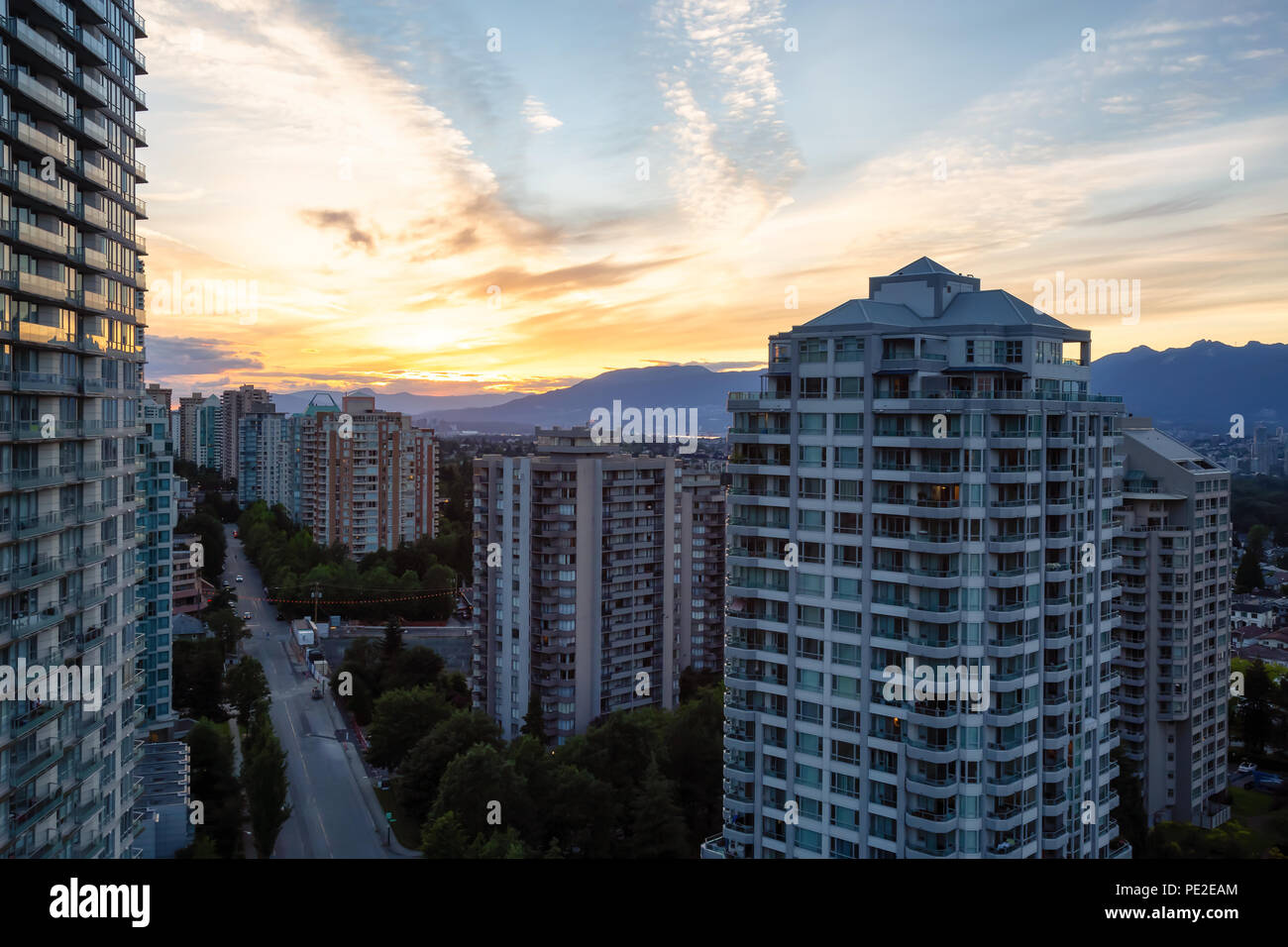 Aerial view of the residential buildings in Metrotown during a vibrant