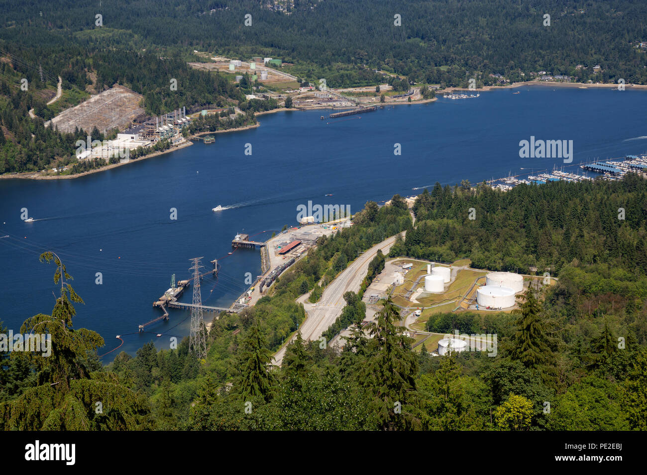 Aerial view of industrial sites in Port Moody. Taken from Burnaby Mountain, Vancouver, British Columbia, Canada. Stock Photo