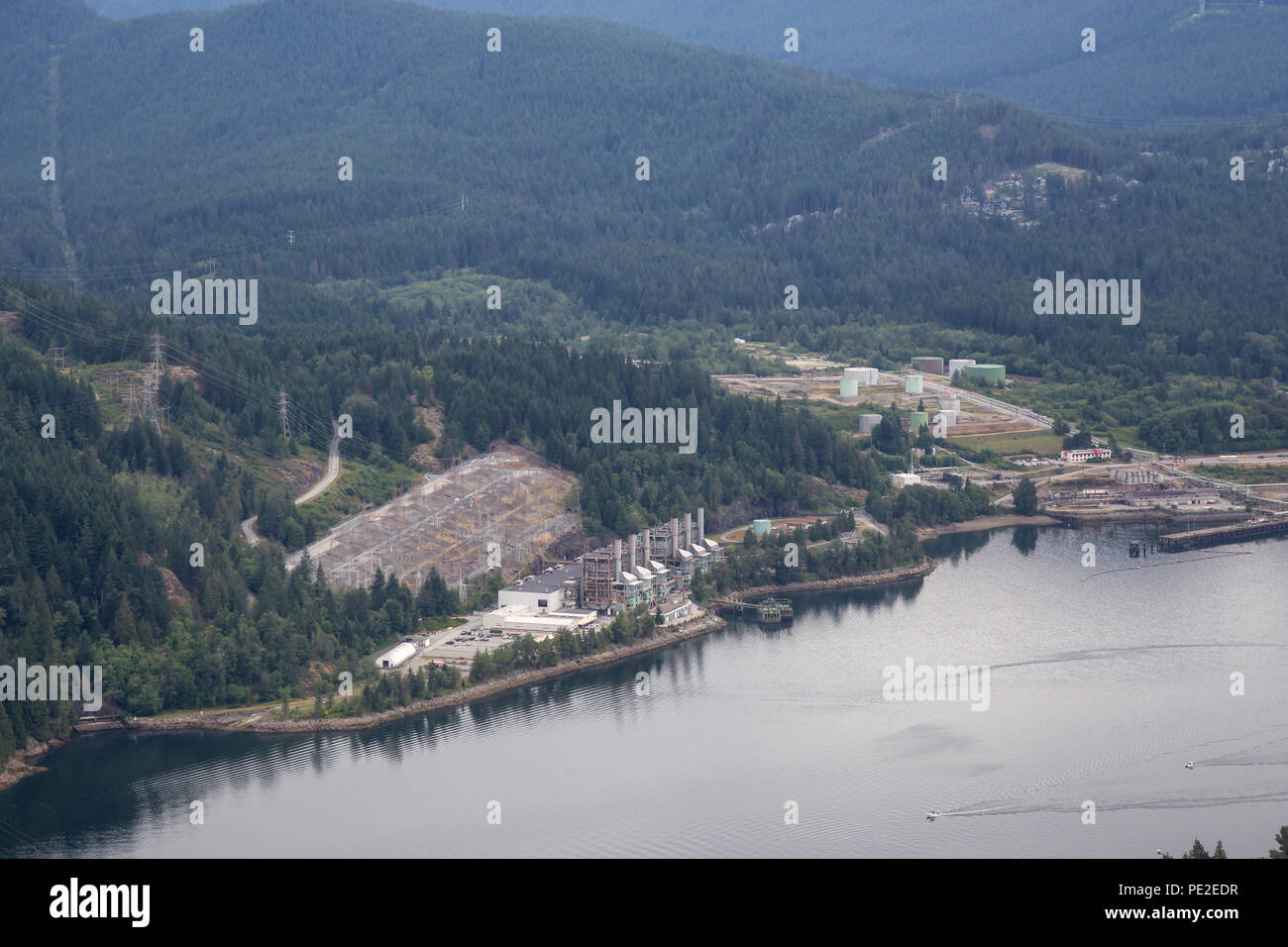 Aerial view of industrial sites in Port Moody. Taken from Burnaby Mountain, Vancouver, British Columbia, Canada. Stock Photo