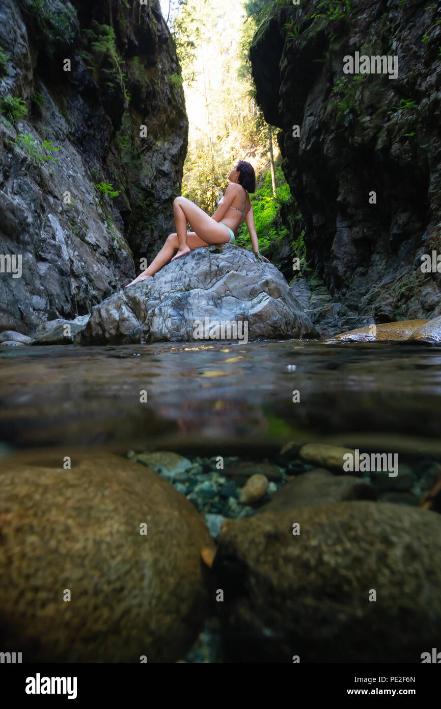 Woman enjoying the beautiful Canadian Nature Scenery. Taken in Lynn Valley Canyon, Vancouver, British Columbia, Canada Stock Photo - Alamy