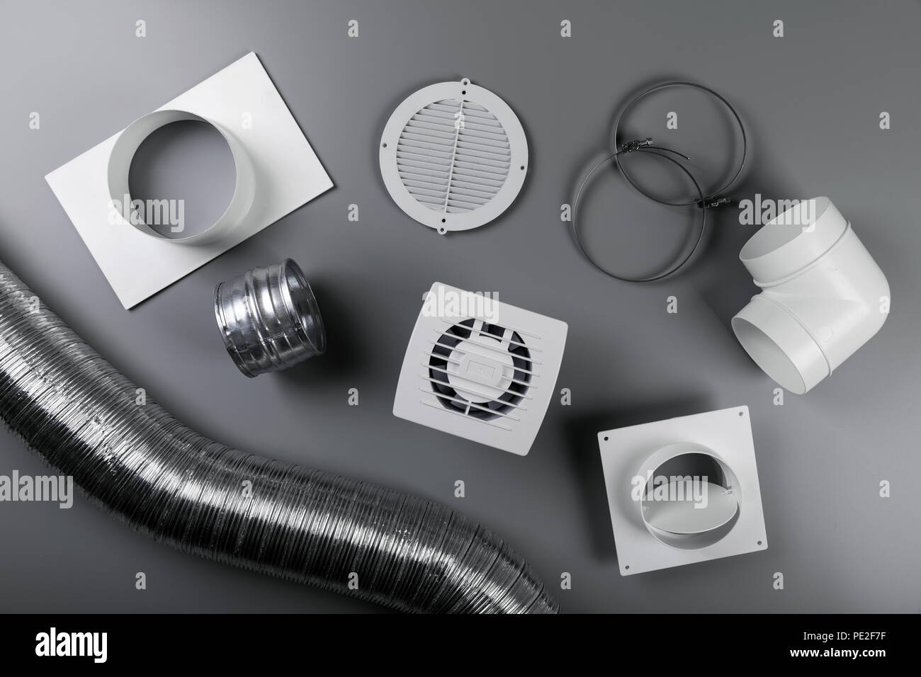 ventilation system equipment on gray background. top view Stock Photo