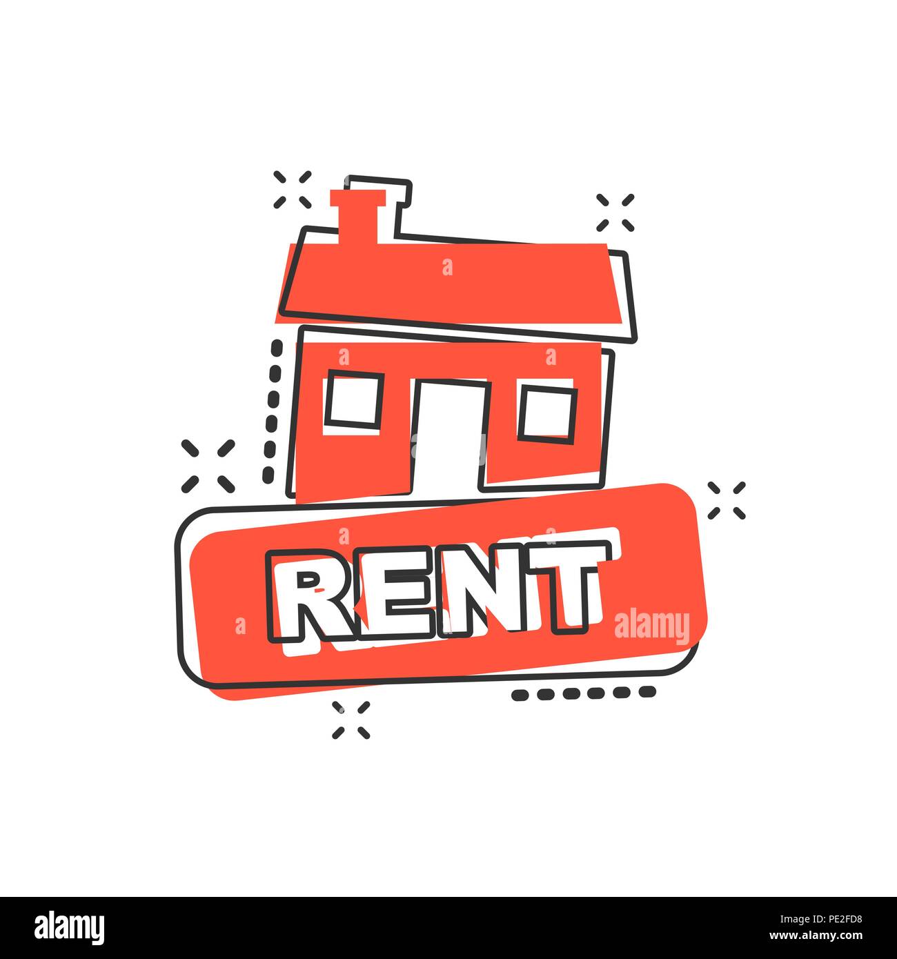 Vector cartoon rent house icon in comic style. Rent sign illustration pictogram. Rental business splash effect concept. Stock Vector