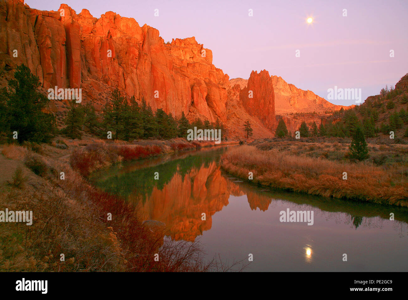 Moon Reflecting in Crooked River at Smith Rock State Park Near Redmond Oregon Stock Photo