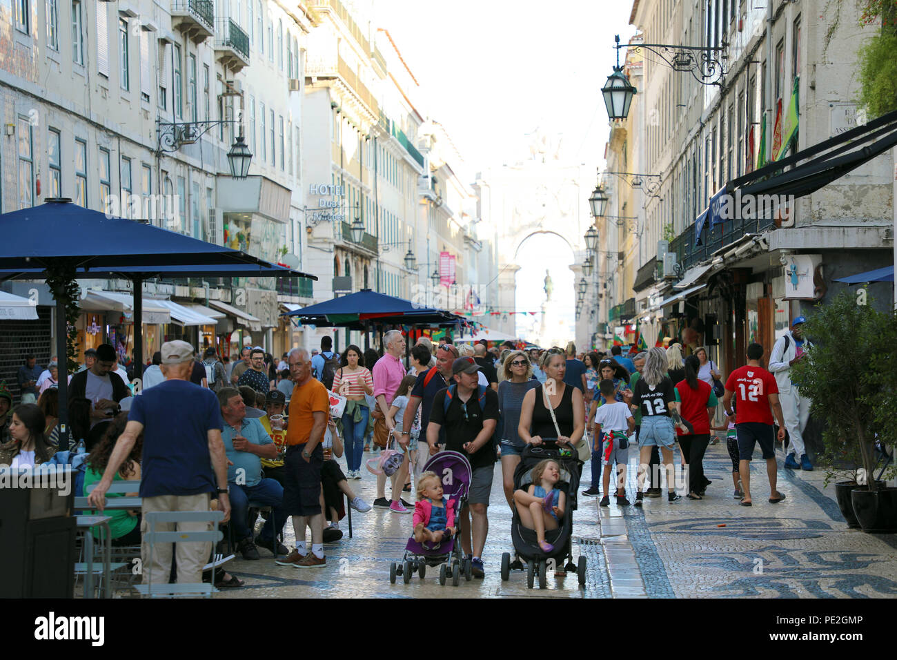 LISBON, PORTUGAL - JUNE 25, 2018: crowd of people in Rua Augusta street during summer in Lisbon, Portugal Stock Photo