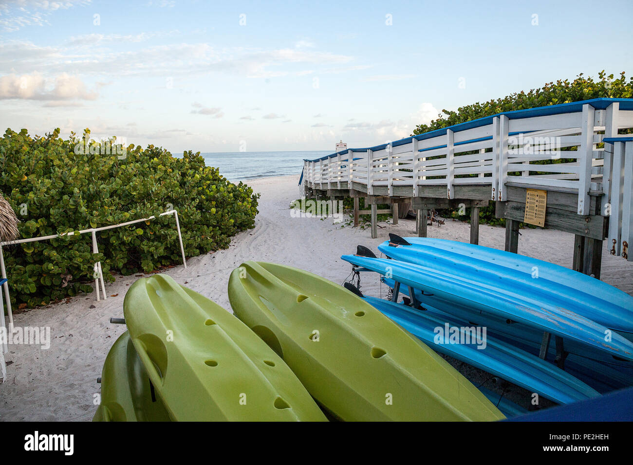 Kayaks along the sand at Clam Pass Beach in Naples, Florida Stock Photo