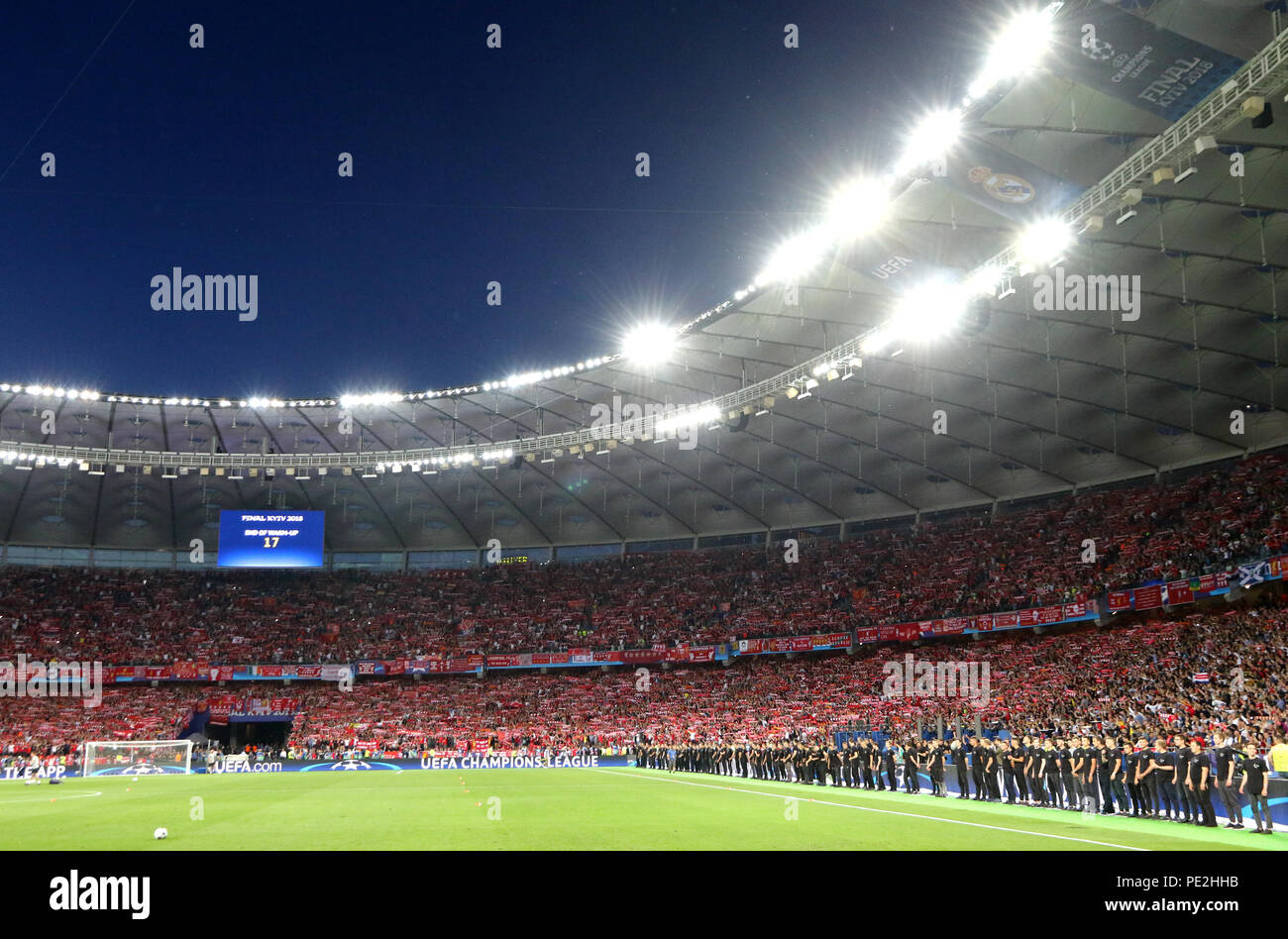 KYIV, UKRAINE - MAY 26, 2018: Panoramic view of tribunes NSC Olimpiyskiy Stadium in Kyiv crowded with Liverpool supporters during the UEFA Champions L Stock Photo